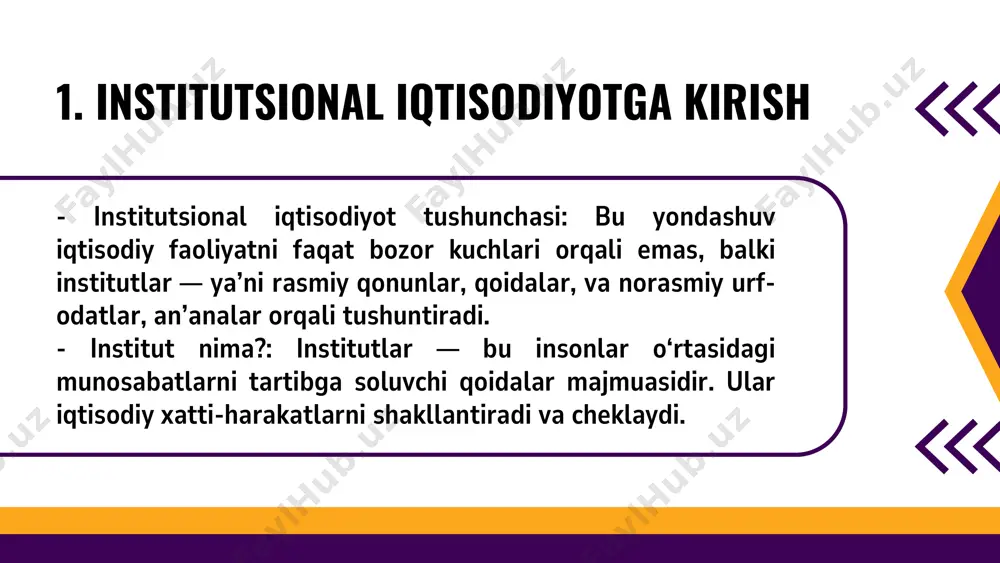 ilish, narx belgilash kabi holatlar institutlarga bog‘liq. - norasmiy institutlarning kuchi: ba’zi jamiyatlarda norasmiy institutlar (masalan, mahalla, qarindoshlik aloqalari) iqtisodiy faoliyatda rasmiy institutlardan ko‘ra kuchliroq rol o‘ynaydi. 5. institutsional islohotlar va siyosiy iqtisodiyot 1 2 - iqtisodiy siyosat bilan bog‘liqlik: har qanday iqtisodiy siyosat institutlar orqali amalga oshiriladi. zaif institutlar siyosatning natijalarini cheklaydi, kuchli institutlar esa uni qo‘llab- quvvatlaydi. institutsional islohot tushunchasi: bu — mavjud institutlarni yanada samarali, adolatli va barqaror qilishga qaratilgan o‘zgarishlar majmuasidir. - islohotlarning muvaffaqiyati uchun shartlar: islohotlar faqat texnik jihatdan emas, balki siyosiy irodaga, ijtimoiy qo‘llovga va madaniy moslikka ham bog‘liq. - institutsional o‘zgarish bosqichlari: - tashxis bosqichi: muammolarni aniqlash - loyiha bosqichi: islohot rejasini ishlab chiqish - amalga oshirish bosqichi: yangi institutlarni joriy etish - monitoring bosqichi: natijalarni baholash va tuzatish - siyosiy iqtisodiyot yondashuvi: bu yondashuv institutlarni faqat iqtisodiy emas, balki siyosiy kuchlar, manfaatlar va qarama-qarshiliklar kontekstida tahlil qiladi. institutsional iqtisodiyot zamonaviy iqtisodiy tafakkurda …