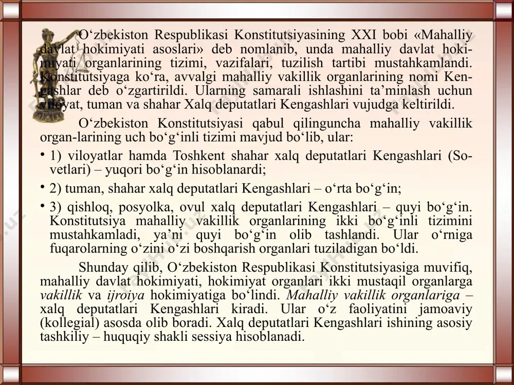 sotsial demokratik partiyalarning asosiy maqsadi jamiyatdagi ijtimoiy muammolarni hal etishga qaratilgan. partiya shuning uchun ham rivojlangan mamlakatlardagi sotsial-demokratik yo‘nalishdagi partiyalar bilan aloqalarni yo‘lga qo‘yishga va xalqaro sotsial demokratik harakatlarda faol ishtirok etishga intilmoqda. o‘zbekiston «adolat» sotsial-demokratik partiyasi o‘rta sinf va ehtiyojmand aholi tabaqasiga tayanadi, ularning siyo-siy va ijtimoiy irodalarini ifodalashga intiladi. mustaqillik yillarida tashkil topgan partiya-lardan yana biri – bu o‘zbekiston milliy tiklanish demokratik partiyasidir. ushbu partiya 1995-yili iyunda tuzilgan. o‘zbekiston milliy tiklanish demokratik partiyasining asosiy maqsad-vazifasi milliy an’analarni va qadriyatlarni saqlashdan iborat. 2008-yil iyunda o‘zbekiston «fidokorlar» milliy demokratik partiyasi va o‘zbekiston «milliy tiklanish» demokratik partiyasining birlashuv qurultoyi bo‘lib, unda asosiy masala o‘zbekiston «milliy tiklanish» demokratik partiyasi va «fidokorlar» milliy demokratik partiyasini birlashtirish to‘g‘risidagi masala ko‘rildi. qurultoyda partiyalarning maqsadli dasturiy vazifalari mazmun-mohiyatiga ko‘ra bir-biriga yaqinligi ta’kidlandi va ular birlashtirildi. o‘zbekiston siyosiy tizimida o‘ziga xos o‘ringa ega bo‘lib ulgurgan o‘zbekiston liberal-demokratik partiyasi (o‘zlidep) 2003-yil noyabrda tashkil top-gan. o‘zbekiston liberal-demokratik partiyasi umum-milliy …