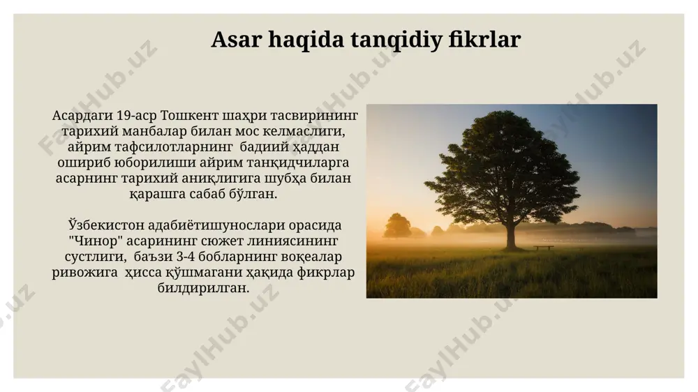 rida, samarqand yaqinidagi qishloqlardan birida sodir bo'ladi. qahramonlarning xarakteristikasi asarda 7 ta asosiy qahramonning har biri o’ziga xos xarakterga ega bo’lib, ularning harakatlari va qarorlari orqali muallif buxoro jamiyatining turli qatlamlarini va ularning o’zaro munosabatlarini ko’rsatadi. asqad muxtorning “chinor” asarida 19-asr oxiri – 20-asr boshlarida buxoro shahrida yashovchi qahramonlarning fe’l-atvori, ijtimoiy mavqei va qarashlari o’z davrining murakkab ijtimoiy-siyosiy tuzumini aks ettiradi. "chinor" asarining zamonaviy talqini "chinor" asarining zamonaviy sahnalashtirishlarida, masalan, toshkentdagi teatrlar tomonidan, 40 dan ortiq aktyor ishtirok etib, milliy liboslar va zamonaviy sahna texnologiyalari qoʻllanilgan. asar mazmuni bugungi kunda ham dolzarbligicha qolmoqda, chunki 21-asrda ham insoniy munosabatlar, sevgi va xayotdagi qiyinchiliklarga oid 3 ta asosiy mavzu oʻz ahamiyatini yoʻqotmagan. e'tiboringiz uchun rahmat @taqdimot_robot image3.jpg image4.jpg image5.jpg image6.jpg image7.jpg image8.jpg image9.jpg image10.jpg image11.jpg image12.jpg image13.jpg image14.jpg image15.jpg image16.jpg image17.jpg image18.jpg image19.jpg