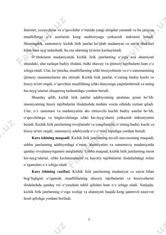 b, o‘quvchilarga va tinglovchilarga ichki his-tuyg‘ularni yetkazish imkoniyatini beradi. kichik lirik janrlarning rivojlanishi va yangilanishi, o‘zining badiiy kuchi va hissiy ta'siri orqali, zamonaviy adabiyotda o‘z o‘rnini topishga yordam beradi. kurs ishining maqsadi: kichik lirik janrlarning tavsifi mavzusining maqsadi, ushbu janrlarning adabiyotdagi o‘rnini, ahamiyatini va zamonaviy madaniyatda qanday rivojlanayotganini aniqlashdir. ushbu maqsad, kichik lirik janrlarning inson his-tuyg‘ularini, ichki kechinmalarini va hayotiy tajribalarini ifodalashdagi rolini o‘rganishni o‘z ichiga oladi. kurs ishining vazifasi: kichik lirik janrlarning madaniyat va san'at bilan bog‘liqligini o‘rganish, mualliflarning shaxsiy tajribalarini va hissiyotlarini ifodalashda qanday rol o‘ynashini tahlil qilishni ham o‘z ichiga oladi. natijada, kichik lirik janrlarning o‘ziga xosligi va ahamiyati haqida keng qamrovli tasavvur hosil qilishga yordam beriladi. kurs ishining tarkibiy tuzilmasi:ushbu kurs ishi 3 ta bob,9 ta reja, xulosa va foydalanilgan adabiyotlardan iborat. i.bob. kichik lirik janrlarning umumiy tavsifi. 1.1.kichik lirik janrlar haqida umumiy tushuncha. kichik lirik janrlar, adabiyotning eng nozik va his-tuyg‘ularni ifodalovchi qismlaridan biri bo‘lib, …