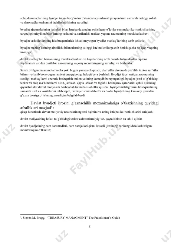 anib kelindi. lekin keyingi yillarda davlat byudjetining kassaviy ijrosi davlat mablag’larini boshqarish, byudjet ijrosini tashkil qilish va nazoratini olib borish, mablag’larning samarali ishlatilishini ta’minlash masalalarida bir qator muammolarni keltirib chiqardi : 1. byudjet daromadlari va xarajatlari to’g’risidagi axborotlarning etarli darajada operativ (tezkor) emasligi; 1. daromadlarning bank hisobraqamlariga tushishi va byudjetning hisobraqamlarida aks ettirilishidagi uzilishlarning mavjudligi bois byudjet resurslarini boshqarishdagi tezkorlikning sustligi; 1. soliq daromadlarining byudjet tizimi bo’g’inlari o’rtasida taqsimlanish jarayonlarini samarali tartibga solish va daromadlar tushumini jadallashtirishning zarurligi; 1. byudjet ajratmalarining hajmlari bilan haqiqatda amalga oshirilgan to’lovlar summalari ko’rsatkichlarining tarqoqligi tufayli mablag’larning tushumi va sarflanishi ustidan yagona nazoratning murakkablashuvi; 1. byudjet tashkilotlarining hisobraqamlarida ishlatilmayotgan byudjet mablag’larining turib qolishi; 1. byudjet mablag’larining ajratilishi bilan ularning so’nggi iste’molchilarga etib borishigacha bo’lgan vaqtning uzoqligi; 1. davlat mablag’lari harakatining murakkablashuvi va hajmlarining ortib borishi bilan ulardan oqilona foydalanish ustidan dastlabki nazoratning va joriy monitoringning zarurligi va boshqalar. sanab o’tilgan muammolar kecha yoki bugun yuzaga …