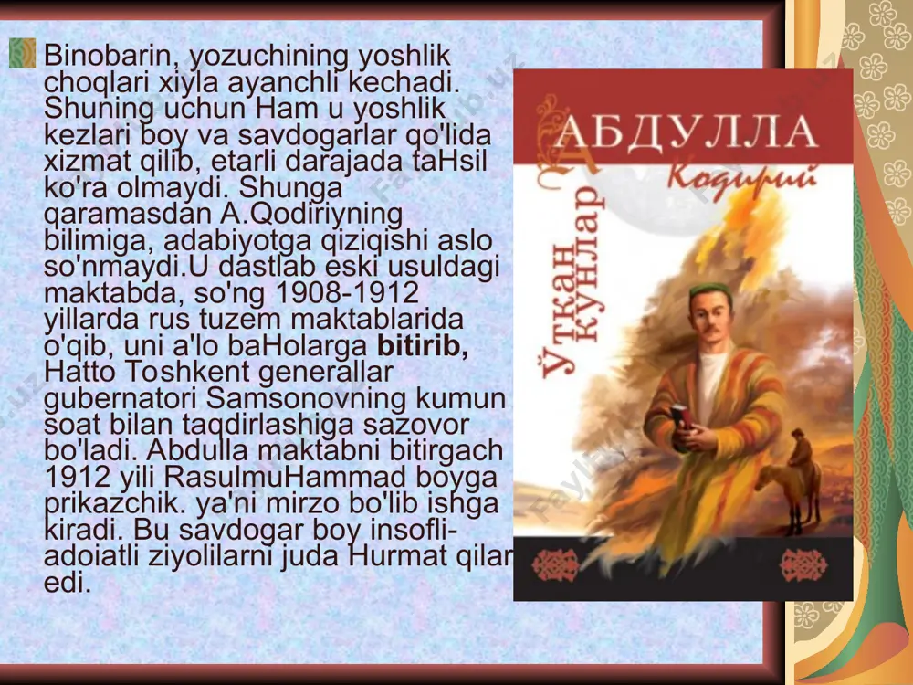 oti beriladi. adib bor-yo'g'i 44 yil umr ko'rgan bo'lsa, shundan atigi 20 yilini qizg'in ijodiy faoliyatga baxshida etdi. a kodiriyning ijodi. bulg'usi adibning ilk ijodi 1913-1914 yillardan boshlangan bo'lib, dastlab u shoir sifatida qalam tebratadi. uning "axvolimiz", "millatimga". "to'y" (1914-1915) kabi she'rlari "oyna" jurnalida bosilib chiqadi. u o'z millatini ma'rifatga chaqiradi, ma'rifparvar shoir va adib sifatida maydonga chiqadi. uning "baxtsiz kuyov" (1915) nomli fojiasi, "juvonboz" (1915), "uloqda" (1916) kabi hikoyalarida ham xalqni savodli, bilimli, madaniyatli va ozod ko'rish istagi sezilib turadi. bu asarlar qodiriyning badiiy ijoddagi dastlabki izlanishlari bo'lib, ular o'sha davrning taraqqiyparvar harakati jadidchilik g'oyalari bilan sug'orilgan, jadid adabiyoti ta'sirida yozilgan edi. bu asarlarda qodiriy qoloq odatlarni tanqid ostiga oladi, xalqni o'zligini anglashga, yangilikka da'vat etadi. yozuvchining "juvonboz" asarida o'qishni tashlab buzuq, shaltoq yo'llarga kirib ketgan boyvachcha otasining mol-mulkini sovuradi, sindiradi, ota-onani dog'da qoddirib, oxiri jinoyatga qo'l uradi, qamaladi. "baxtsiz kuyov"da esa muallif qoloq odatlardan biri -hashamatli to'y, ortiqcha …