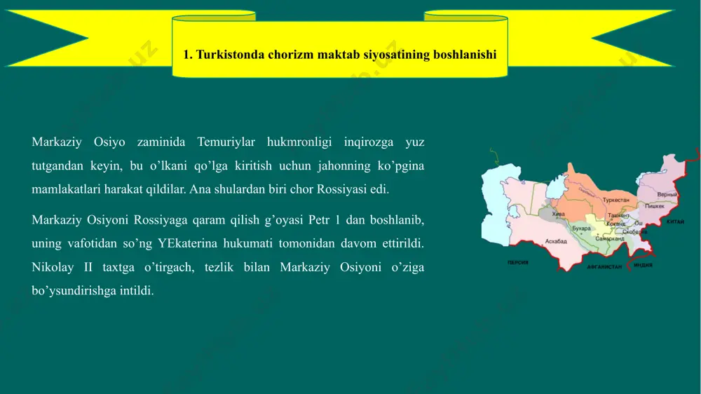si quyidagicha belgilangan: tojiklar – 99,5 % savodsiz; qirg’izlar – 99,4 % savodsiz; turkmanlar – 99,3 % savodsiz; o’zbeklar – 98,4 % savodsiz; qozoqlar – 97,9 % savodsiz deb hisoblangan. bu ko’rsatkichlarning barchasi uydurma edi. aslida turkiston o’lkasi xalqlarining savodxonlik darajasi chor rossiyasi aholisininng savodxonlik darajasidan past emas edi. chunki, turkiston o’lkasi xalqlari 1917 yilgi to’ntarishdan oldin shaxsiy va ommaviy maktablar, madrasalarda bilim olganlar, yuksak ilm egasi bo’lganlar. zero, yuqorida qayd etilgan aholi ro’yxati ma’lumotnomasida rus xalqidan, rus millatidan boshqa millatga mansub fuqarolarni ataylab kamsitish chor rossiyasining asosiy mafkuraviy kurashi natijasidir. chunki ular rus va rus-tuzem maktablarini bitirganlarnigina savodli deb hisoblanganlar. hatto, ular dunyoviy maktablar ochish, ona tilidagi darsliklar, gazeta va jurnallar nashr qilish va hokazolarni qat’iy ta’qib qilar edilar. abdulla avloniy –shoir, dramaturg, publitsist. shu bilan bir qatorda, pedagogik faoliyat ham uning hayotida muhim sahifa hisoblanadi. u faoliyatining dastlabki yillaridan boshlab umrining oxirigacha o‘qituvchilik qildi, maktablar uchun darsliklar yaratdi, …