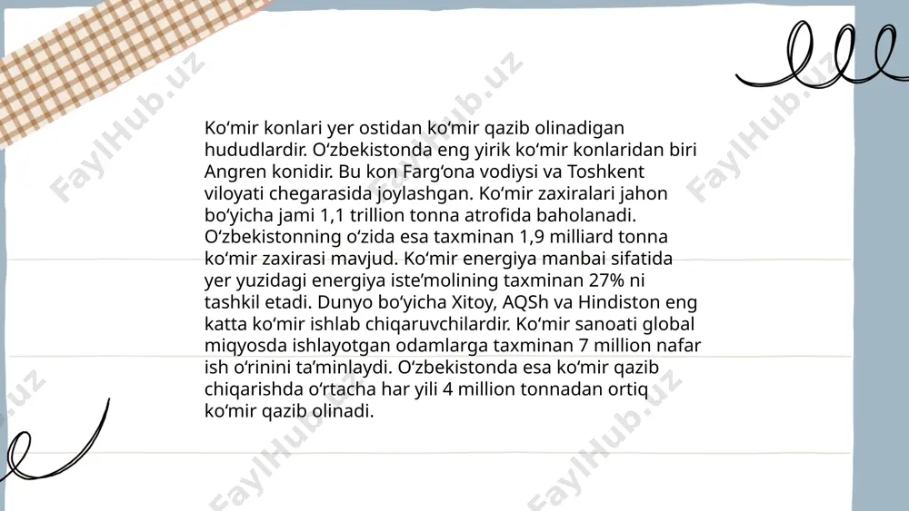 chiqarish bilan mashhur. yurtimizda jami 1300 dan ortiq qurilish materiallari koni mavjud. samarqand, toshkent va navoiy viloyatlarida katta koʻlamdagi ohaktosh konlariga duch kelish mumkin. toshkent viloyatidagi "bekobod" koni yirik ishlab chiqarish quvvatlariga ega. gʻisht sanoati uchun zarur boʻlgan xomashyo yetkazib beruvchi konlar, jumladan, surxondaryo va andijon viloyatlarida joylashgan. fargʻona vodiysida qum va shagʻal konlari koʻp uchraydi. yillik gʻisht ishlab chiqarish quvvati oʻzbekistonda 4 milliard donani tashkil etadi. shuningdek, mamlakat bo‘ylab ohaktosh ishlab chiqarishda foydalaniladigan 200 dan ortiq kon mavjud. bu resurslar mamlakatning infratuzilmaviy rivojiga hissa qoʻshadi. oʻzbekistonning qazilma boyliklari isim familiya:norboyeva shoxista e'tiboringiz uchun raxmat! image1.png image2.png image3.png image4.jpeg image5.png image6.jpeg image7.jpeg /docprops/thumbnail.jpeg