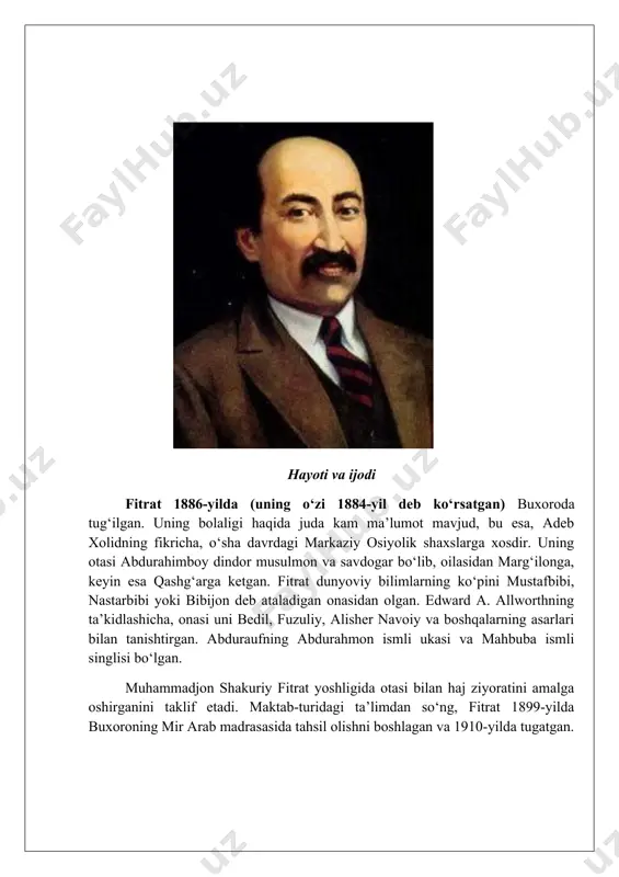 ng qorong‘u diniy markazlardan biri sifatida tasvirlaydi. u dindor musulmon bo‘lib, dastlab jadidlar islohoti harakatiga (usuli jadid “yangi usul”) qarshi bo‘lgan. fitratning o‘zi “yangi usul”da asosiy ta’limni olmagan. sadriddin ayniy fitratni o‘sha davrda buxoroning eng ziyoli va e’tiborga loyiq talabalari qatorida tanitadi, biroq u 1911-yilgacha buxorodan tashqarida deyarli noma’lum edi. abdurashidov fitratning buxorodagi birinchi jadidlar guruhi faoliyatida ishtirok etmaslik sababini amir abd al-ahadxonning qat’iy, liberalizmga qarshi rejimi bilan izohlaydi. abdurashidovning fikricha, fitrat taxminan 1909-yilda islohatchi g‘oyalarga qiziqish uyg‘otgan, va bu mehmet akif ersoyning “sirot-i mustaqim” jurnalining ta’sirida sodir bo‘lgan. bu jurnal va boshqa gazeta-jurnallar o‘sha davrda buxoro talabalariga tarqalgan edi. mahmudxo‘ja behbudiyning ham fitratga ustoz bo‘lganligi aytiladi. fitrat ta’limini tugatgach, qisqa muddat madrasada dars bergan. fitrat zamonaviy o‘zbek adabiyotiga katta hissa qo‘shib, fors, turkiy va kech chig‘atoy tillarida she’riyat va nasr yo‘nalishlarida ijod qildi. siyosatchi va ko‘plab ilmiy sohalarda olim sifatida faoliyat yuritishdan tashqari, fitrat shoirlik va dramaturg sifatida ham …