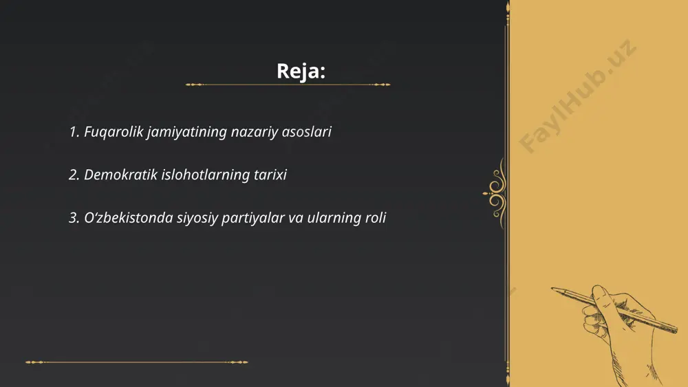 di. 2021-yilda “yangi o‘zbekiston” strategiyasi qabul qilindi. ... t.me/slaydai_bot oʻzbekistonda siyosiy partiyalar mamlakatning siyosiy tizimida muhim rol oʻynaydi. hozirda beshta asosiy siyosiy partiya mavjud: oʻzbekiston liberal-demokratik partiyasi, oʻzbekiston xalq demokratik partiyasi, milliy tiklanish demokratik partiyasi, adolat sotsial-demokratik partiyasi, va ekologik partiya. ushbu partiyalar oliy majlis qonunchilik palatasida oʻz vakillariga ega. oliy majlisda 150 deputatlik oʻrni mavjud bo‘lib, ular orasida partiyalarning parlamentdagi oʻrni ularning saylovlarda olgan ovoziga bogʻliq. siyosiy partiyalar ijtimoiy, iqtisodiy va ekologik masalalarni hal qilishda hamda qonunlar ishlab chiqishda faol ishtirok etadi. ... t.me/slaydai_bot 4. nodavlat notijorat tashkilotlar (nnt) va jamoat birlashmalari nodavlat notijorat tashkilotlar (nnt) va jamoat birlashmalari mustaqil tashkilotlardir, maqsadi foyda olish emas, balki ijtimoiy, madaniy, ekologik yoki boshqa maqsadlarga erishishdir. o‘zbekiston respublikasi qonunchiligiga ko‘ra, nntlar o‘z faoliyatini belgilangan qoidalarga muvofiq olib borishi lozim. 2023 yil holatiga ko‘ra, o‘zbekistonda 10 mingdan ortiq nnt va jamoat birlashmalari ro‘yxatga olingan. bu tashkilotlar sog‘liqni saqlash, ta'lim, madaniyat, atrof-muhitni muhofaza qilish …