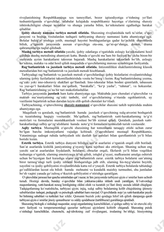 rayonining ilmiy asoslari bilan, psixologiyadan tashqari falsafa, sotsiologiya va pedagogika fanlari shug‘ullanadi. holbuki, psixologiya fanisiz tarbiyaning asosiy muammolari hal qilinib bo‘lmagan holdato‘g‘ri qo‘yilishi ham mumkin emas,chunki ularni anglash negizida shaxs psixologiyasi, insoniy munosabatlar, har xil ijtimoiy jamoalar psixologiyasini bilish yotadi. barcha uchun umumiy bolgan yoki o‘quvchilarga individual tavsiyalar berishda umumiy psixologiya va yosh davrlar psixologiyasiga tayaniladi.tarbiya uning maqsadlarini aniqlashdan boshlanadi. tarbiyaning bosh vazifasi - jamiyat hayotida zarur bolgan kerakli sifatlarni o‘zida mujassamlashtirgan shaxsni shakllantirish va rivojlantirishdan iborat. tarbiya metodi deb tarbiyachi, murabbiyning tarbiyalanuvchilarida onglilik, iymon, e’tiqod va insoniy xulq-atvor qoida norrmalarini shaklantirish maqsadida ularga pedagogik va psixologik ta’sir ko‘rsatish usuliga aytiladi. shaxsning ijobiy yo‘nalishi tarkib toptirish uchun maktab o‘quvchisining barcha vaziyat va holatlarda to‘g‘ri yo‘l tutishini istashi hamda to‘g‘ri yo‘l tutishi uchun uning nima qilishini bilishi, o‘zi hurmat qiladigan kishilarning nima qilayotganlarini ko‘rishi va o‘zi ham to‘g‘ri xulq-atvorli bo‘lishini mashq qilishi zarur. psixologik tadqiqotlarda shu narsa aniqlanganki, axloqiy tushunchalarni o‘zlashtirish …
