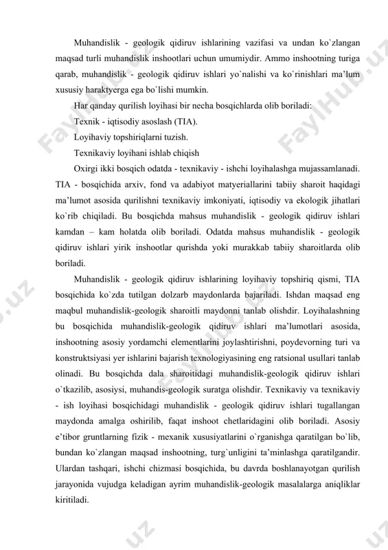 slik-geologik qidiruv ishlari o`tkazilib, asosiysi, muhandis-geologik suratga olishdir. texnikaviy va texnikaviy - ish loyihasi bosqichidagi muhandislik - geologik qidiruv ishlari tugallangan maydonda amalga oshirilib, faqat inshoot chetlaridagini olib boriladi. asosiy e’tibor gruntlarning fizik - mexanik xususiyatlarini o`rganishga qaratilgan bo`lib, bundan ko`zlangan maqsad inshootning, turg`unligini ta’minlashga qaratilgandir. ulardan tashqari, ishchi chizmasi bosqichida, bu davrda boshlanayotgan qurilish jarayonida vujudga keladigan ayrim muhandislik-geologik masalalarga aniqliklar kiritiladi. muhandislik-geologik qidiruv ishlarining turlari va usullari muhandislik - geologik qidiruv ishlari: 1. tayyorgarlik, 2. dala sharoitidagi ishlar, 3. laboratoriya, 4. kameral ishlar bosqichlariga bo`linadi. tayyorgarlik ishlari tia bosqichi davrida bajariladi. ular vazifasiga qurilish loyihalanayotgan xududning tabiiy sharoiti to`g`risida matyerial yig`ish, bu ma’lumotlar asosida tia bosqichi uchun hisobot tuzish va loyihalashni keyingi bosqichini asoslash uchun muhandislik -geologik qidiruv ishlari dasturini tuzishdan iborat. xududning tabiiy sharoiti to`g`risidagi ma’lumotning birinchi manbaalari jumlasiga, chop etilgan maqola va monografiyalar, turli ishlab chiqarish tashkilotlari va ilmiy - tekshirish institutlarining arxiv ma’lumotlari kiradi. bu …
