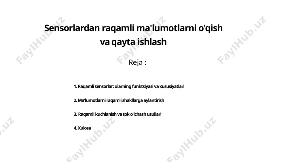 matlar ikkilik kodga aylantiriladi. 5 chiqish 6 ma'lumotlarni saqlash va uzatish uchun raqamli tizimlardagi standartlar ikkilik kod barcha raqamli ma'lumotlar ikkilik kodda saqlanadi. ascii standart belgilarni kodlash uchun ishlatiladi. unicode kengroq belgilar to'plamini kodlash uchun ishlatiladi. ethernet ma'lumotlarni tarmoq orqali uzatish uchun ishlatiladi. 7 mikroprotsessorlar va mikrokontrollerlar: ularning raqamli ma'lumotlar bilan ishlash qobiliyatlari hisoblash mikroprotsessorlar va mikrokontrollerlar ma'lumotlarni qayta ishlash, mantiqiy amallarni bajarish va hisoblash operatsiyalarini amalga oshirishlari mumkin. vaqtlashtirish ular o'lchash, boshqarish va avtomatlashtirish uchun vaqtni aniqlash va boshqarish qobiliyatiga ega. saqlash ular o'z xotiralarida ma'lumotlarni saqlash va keyinchalik ishlatish uchun imkoniyatga ega. aloqa ular boshqa qurilmalar bilan aloqa o'rnatish va ma'lumot almashish uchun protokollardan foydalanadilar. 8 raqamli kuchlanish va tok o'lchash usullari adc ishlatish kuchlanish va tok adc yordamida o'lchanadi. raqamlashtirish o'lchangan qiymatlar raqamli shaklga aylantiriladi. ekranda ko'rsatish raqamli qiymatlar ekranda ko'rsatiladi. 9 raqamli signallarni filtirlash va qayta ishlash 1 shovqinni bartaraf qilish noto'g'ri ma'lumotlarni olib tashlash. 2 …