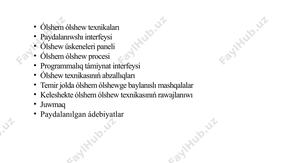 . 4 ólshew úskeneleri paneli 1 ólshew ásbabınıń jaǵdayın kórsetiwshi indikatorlar panelde ólshew úskenesiniń jaǵdayın kórsetiwshi indikatorlar boliwi kerek. mısalı, úskene islep atırǵanın, batareyanıń zaryad jaǵdayın, qátelerdi hám basqa da áhmietli maǵlıwmatlardı kórsetetuǵın indikatorlar bolıwı kerek. 2 ólshew procesin basqarıw túymeleri panelde ólshew procesin basqarıw ushin túymeler bar boliwi kerek. mısalı, ólshewdi baslaw, toqtatıw, sazlaw hám basqa funkciyalar ushın túymeler boliwi kerek. 3 ólshew úskenesin sazlaw imkaniyatları panelde ólshew úskenesin sazlaw ushin imkaniyatlar boliwi kerek. máselen, ólshew birligin tańlaw, anıqlıqtı sazlaw, ólshew diapazonın ózgertiw sıyaqlı imkaniyatlar boliwi kerek. 5 ólshem ólshew procesi ólshew maydanın tayarlaw birinshi qádem ólshew maydanın tayarlaw bolıp tabıladı. bul ólshew procesine kesent beretuǵın hár qanday tosqınlıqlardı alıp taslawdı óz ishine aladı. ólshew úskenesin sazlaw keyingi qádem ólshew úskenesin duris sazlaw. bul ólshew birligi, anıqlıqtı hám basqa áhmiyetli parametrlerdi sazlawdı óz ishine aladı. ólshewdi ámelge asırıw ólshew úskenesi tayarlangannan keyin, ólshewdi ámelge asırıw múmkin. bul ólshew úskenesin …