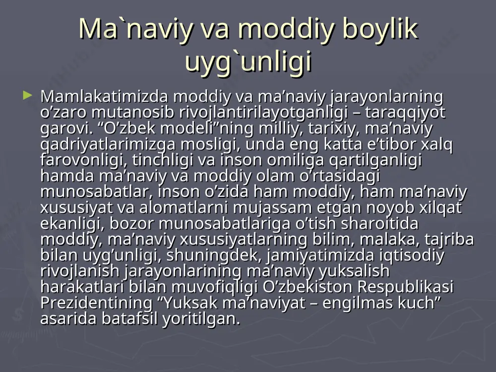 et, vatanparvarlik, mamlakatda tinchlik va barqarorlik kabi demokratik hamda siyosiy qadriyatlarni umuminsoniy tushunchalar bilan uyg‘un holda ko‘radi. bundan tashqari, so‘ralganlar shaxs kamolotida madaniyat, san’at va diniy qadriyatlar, shuningdek, salomatlik, muhabbat kabi hayotiy qadriyatlar katta ahamiyatga ega deb hisoblaydi. so‘rovda ishtirok etganlarning aksariyatining fikricha (86,7 foiz), qadriyatlar tizimi asosini avloddan avlodga o‘tib kelayotgan milliy an’ana va urf-odatlar tashkil qiladi. jamoatchilik fikrini o‘rganish maqsadida o‘tkazilgan so‘rov natijasida o‘zbekiston aholisi umuminsoniy va milliy qadriyatlar shaxsning ma’naviy fazilatlari bilan chambarchas bog‘liqdir, degan fikrda ekani aniqlandi. tadqiqot natijalari mehmondo‘stlik va do‘stona munosabat, mehr-muruvvat va insonparvarlik, mehnatsevarlik, halollik va kamtarlik, kattalarni hurmat qilish kabi yurtdoshlarimizga xos beshta ustuvor ma’naviy xislatni aniqlash imkonini berdi. hozirgi yangi demokratik jamiyat va bozor iqtisodiyotini barpo etish sharoitida odamlar, ayniqsa aholining faol qismini tashkil etadigan yoshlarning ma’naviy dunyoqarashida ham o‘zgarishlar ro‘y bermoqda. masalan, yoshlar bilim olishga intilish, mehnat qilish istagi, tadbirkorlik kabi shaxsiy xislatlarga katta e’tibor bermoqda. ularning bunday ezgu maqsadlari …