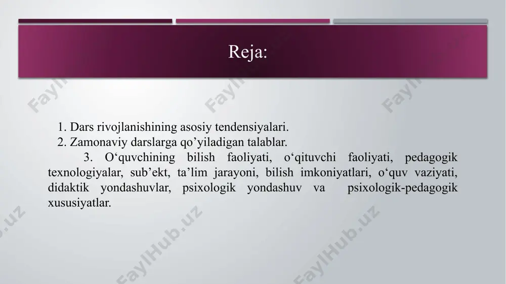 shakllari xos boʻlgan. dars taʼlimning jamoa boʻlib amalga oshirilish tarzi sifatida ijtimoiy ahamiyat kasb etadi. shuningdek, dars maktab yoshidagi bolalarni yalpi oʻqitishni osonlashtiradi, ularni jamoa sifatida tarbiyalashga hissa qoʻshadi, bolalarda ijtimoiy faollik va muomala madaniyatining shakllanishiga koʻmaklashadi. 6 darsda oʻquv mashgʻulotlarining individual, guruhiy va umumsinf shakllari uygʻunlashadi. har qanday jamiyatda dars jamiyat tomonidan taʼlim oldiga qoʻyilgan vazifalarni bajarish uchun xizmat qiladi. darsning vazifalari taʼlim jarayonining qonuniyatlari va muayyan jamiyatning komil shaxs borasidagi tushunchalari bilan qatʼiylashadi. yangilanayotgan pedagogik tafakkur talablariga koʻra zamonaviy dars oʻquv muassasasining mulkiy mansubligidan qatʼiy nazar quyidagi xususiyatlarga ega boʻlishi lozim: taʼlimning tarbiyaviy maqsadlarga boʻysundirilganligi, oʻquvchini komil shaxs sifatida shakllantirishga yoʻnaltirilganligi, ilmiyligi va izchilligi, tarbiyalanuvchining faolligi va mustaqilligini taʼminlashga qaratilganligi, insonparvarlik yoʻnalishiga egaligi, tizimliligi, bilimlarni ongli ravishda oʻzlashtirishga qaratilganligi, amaliy axamiyatga egaligi va hokazo. zamonaviy taʼlim tajribasida bir dars uchun belgilangan standart vaqt mavjud dars. bu vaqt taʼlim muassasalarining tabiati, taʼlimning bosqichlari va oʻquvchilar imkoniyatidan kelib chiqib, 45, …