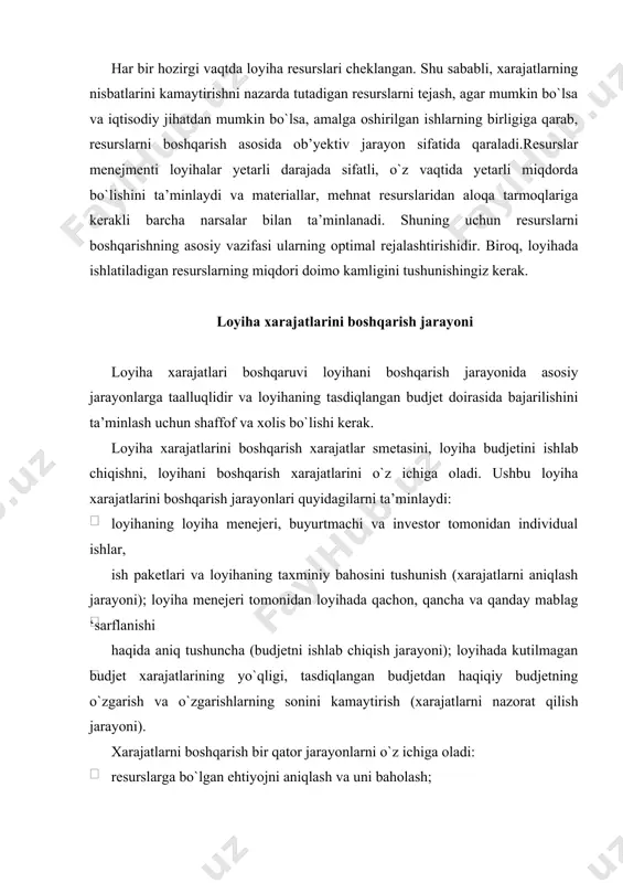 vaqt va manba cheklovlari doirasida resurslar rejalari uchun turli variantlarni tuzish; loyiha elementlari uchun sarf-xarajatlarni taqsimlash tahlili, xarajat predmetlari tuzilishiga muvofiq turli xil turdagi ishlarni bajarish; oyihani amalga oshirish tarixini bog`lash yoki qo`shimcha resurslarni jalb qilish yo`li bilan loyihaning iqtisodiy ko`rsatkichlarini maqbullashtirish yo`li bilan loyihani amalga oshirishning eng oqilona usulini topish. loyiha xarajatlarini boshqarish tasdiqlangan boshqaruv tushunchasiisiz mumkin emas. konsepsiyani ishlab chiqishda, loyihaning iqtisodiy va moliyaviy boshqaruvining strategik jihatlarini aniqlash, loyiha xarajatlari boshqaruvi va moliyalashtirish tizimida talablarga javob berish kerak. qabul qilingan iqtisodiy boshqarish tushunchasi boshqa funksiyani amalga oshiradi - bu tashkilotning ichki qoidalariga aylanadi. loyihaning barcha bosqichlarida xarajatlarni boshqarish jarayoni amalga oshirilganligi sababli, bu jarayon iterativ-siklikdir. loyihaning hisoblangan qiymati doimiy qiymat emas, baholashning maqsadi, loyiha bosqichiga bog`liq va loyiha davomida tushuntirishni talab qiladi. loyiha xarajatlarini boshqarish jarayonlarining o`ziga xos xususiyati shuningdek, loyihalarni boshqarish jarayonlari, kontent, kontent, loyiha tavakkalchiligi va hokazolarni boshqarish kabi yaqin aloqalar bilan belgilanadi. loyihaning har bir …