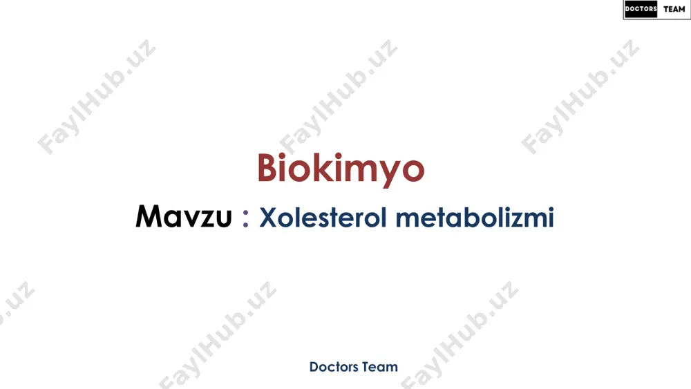 ini bajaradi. (2-steroid gormonlar) ● testosteron,estrogen,aldosteron,kortizol,progesteron…. kabilarning sintezi uchun prekursor hisoblanadi. (3-o’t kislotalari) ● xolik kislota, deoksixolik kislota uchun prekursor hisoblanadi. ●o’t kislotalari hazmlanayotgan lipidlarni emulsifikatsiyasi uchun muhim. (4-lipoproteinlar) ●xolesterolni boshqa to’qimalarga yetkazish uchun o’zida saqlaydi. ●xolesterol acat fermenti yordamida xolesterol efirlariga aylanadi. ● ldl- xolesterol efirlarini adrenal cortex,testis va ovaries ga transport qiladi; ●vldl- tarkibida xolesterol efirlari va tg saqlaydi; ●hdl- qon-tomirlar ichidan xolesterolni o’ziga oladi. xolesterol metabolizmi giperxolesterolemiya davolash: 1. xolesterolga boy mahsulotlarni cheklash 2. xolestiramin – xolesterol ortib ketganda, undan jigarda o’t suyuqligi sintezlab eliminatsiyasini oshirish orqali kamaytiradi. gepatotsitdagi xolesterol qanchalik kamaygan sari ldl retseptorlari ekspressiyasi ham shuncha ortadi, bu ko’proq xolesterolni qondan jigarga ldl tashishiga imkon yaratadi. 3. statinlar(atovarstatin, simvastatin)- gepatotsitdagi yangidan sintezlanayotgan xolesterol hmg-coa reduktaza bloklash orqali ingibirlaydi bu esa keyinchalik ldl retseptorining ekspressiyasini oshiradi. hmg-coa reduktaza bloklansa →mevalonat ↓ →izopentil pirofosfat↓ →farnezil pirofosfat↓ →coq↓ →muskul qisqarishida muammo →atrofiya, mioglobinuriya qonda xolesterol miqdori ortib ketishi …