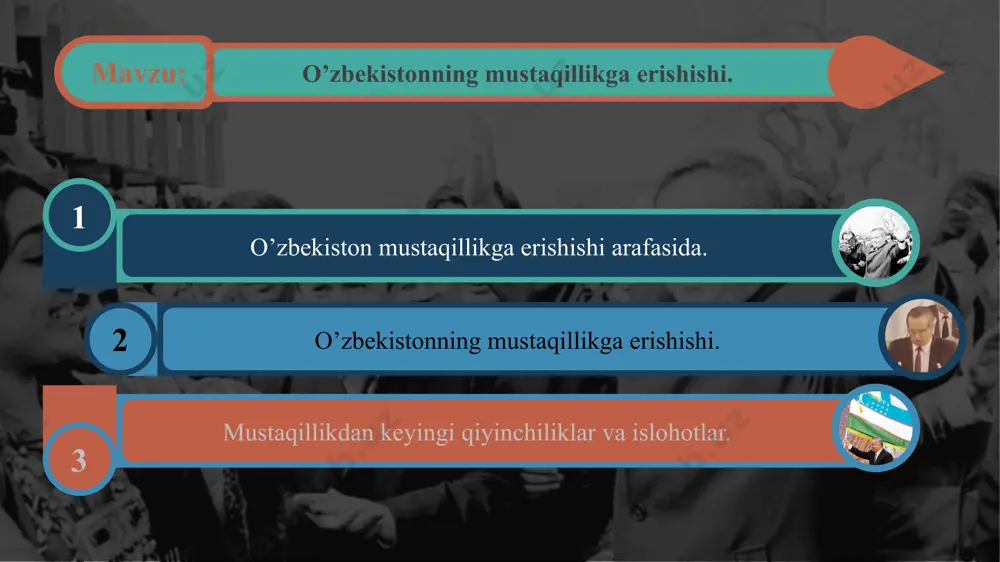 tga ega boldi. xalqning asrlar davomidagi mustaqillik uchun kurashi ruyobga chiqib, mamlakatda huquqiy, demokratik jamiyat shakllanishiga shart-sharoit yaratildi. ozbekistonning boy imkoniyatlarini xalq turmushini yaxshilash uchun foydalanishga keng imkoniyatlar ochildi. eng asosiy natijalardan yana biri – xalqning tarixiy, manaviy qadriyatlarini tiklash imkoni yaratildi. ozbekistonda mustaqillik sharoitida siyosiy va iqtisodiy qayta qurishlar amalga oshirila boshlandi, birinchi navbatda mustaqil davlatning huquqiy asoslari yaratildi. 1991 yil 18-noyabrda respublika oliy kengashi viii sessiyasi 1991 yil 29-dekabrda ozbekiston respublikasi prezidentligiga saylov va mustaqillik goyasini butun xalqning muhokamasidan otkazish to’grisida qaror qabul qildi. 29-dekabr kuni muqobillik asosida otkazilgan saylovda islom abduganiyevich karimov nomzodiga saylov qatnashchilarining 86 foizidan koprogi oz ovozini berdi. har bir mustaqillikka erishgan davlat oz ramzlariga ega bolishi kerak. 1991 yil 18 noyabrda respublika oliy kengashining viii sessiyasida ozbekiston dalvat bayrog’i tasdiqlandi. uning belgilari mamlakatimiz hududidagi qadimda mavjud bo’lgan yirik saltanatlarning toglaridagi ananalarni davom ettiradi hamda xalqning milliy va madaniy oziga xosligini respublika tabiiy sharoitini …
