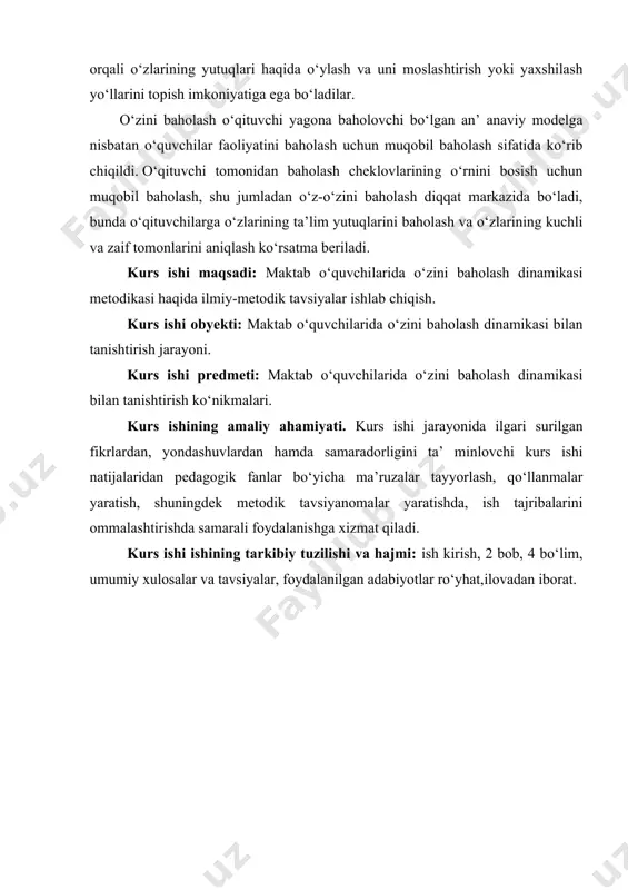 ular muqarrar ravishda his-tuyg‘ ular bilan to‘lib-toshgan bo‘lib, ularning kuchi va intensivligi shaxs uchun baholanayotgan mazmunning ahamiyatiga bog‘liq. kognitiv va hissiy tarkibiy qismlarning sifat jihatidan o‘ziga xosligi ularning birligiga ularning har birining rivojlanish xususiyatlarini belgilaydigan ichki farqlangan xususiyatni beradi. bojovich l.i. o‘z-o‘zini baholash mezonlarining noaniqligiga e’tibor qaratadi. shaxs o‘zini ikki jihatdan baholaydi: 1) o‘z da’volari darajasini o‘z faoliyatining ob’ektiv natijalari bilan solishtirish va 2) o‘zini boshqa odamlar bilan solishtirish. da’volar darajasi qanchalik yuqori bo‘lsa, ularni qondirish shunchalik qiyin bo‘ladi. har qanday faoliyatdagi muvaffaqiyatlar va muvaffaqiyatsizliklar shaxsning ushbu faoliyat turidagi qobiliyatini baholashiga sezilarli ta’sir qiladi: muvaffaqiyatsizliklar, qoida tariqasida, da’volarni kamaytiradi va muvaffaqiyat ularni oshiradi. taqqoslash momenti ham muhim emas: shaxs o‘zini baholashda nafaqat o‘z yutuqlarini, balki butun ijtimoiy vaziyatni hisobga olgan holda o‘zini ixtiyoriy yoki ixtiyoriy ravishda boshqalar bilan taqqoslaydi. insonning umumiy o‘zini o‘zi qadrlashiga uning individual xususiyatlari va baholangan fazilatlari yoki faoliyati uning uchun qanchalik muhimligi ham kuchli ta’sir qiladi. …