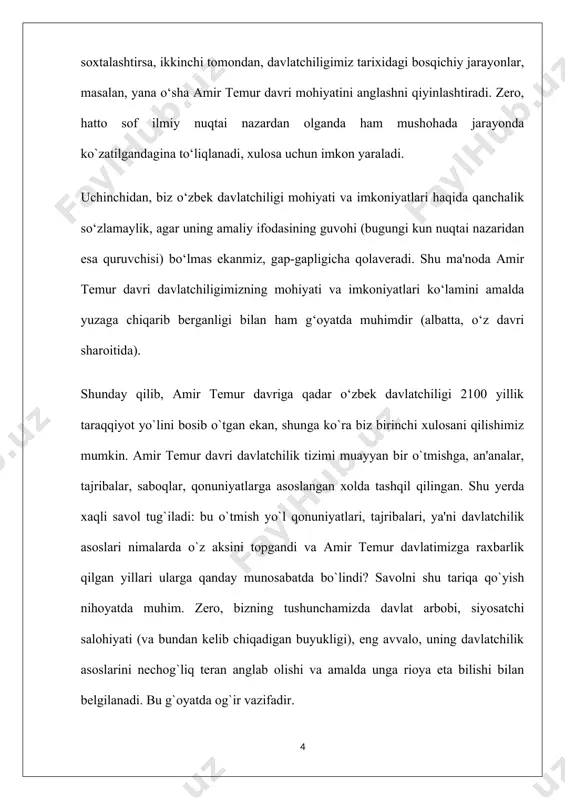 azkur sakkiz asosni yana bir muhim – to`qqizinchi asos bilan boyitdi. u ham bo`lsa, jamiyat rivojida barcha ijtimoiy tabaqa​lar faoliyatini nazarda tutish va manfaatlarini ta'minlashdan iboratdir. amir temur bo`yicha bunday ta​baqalar 12 ta bo`lib, ularda jamiyatning barcha tarkibiy qismlari o`rin olgan. diqqatga sazovor tomoni shundaki, tuzuklar bayonida amir temur tabiiy ravishda din va shariatni birinchi o`rinda ta'kidlagan holda ijtimoiy tabaqalarga bo`lgan munosabatni boshqa yo`nalish va masalalardan ustun qo`yadi. demak, amir temur davrida davlatimizning to`qqiz asosi o`z ijobiy yechimini topgan va xuddi mana shu to`qqiz asos sohibqiron yuritgan davlatchilik siyosatining to`qqiz tomonini tashkil etadi. yuqorida davlatning siyosiy mustaqilligi va mamlakat yaxlitligi borasida amir temur olib borgan faoliyat bilan qisqacha tanishib o`tdik. quyida uning davlat boshqaruvi, davlatchilik va xarbiy siyosat borasidagi harakatlarini lo`nda tarzda yoritishga urinib ko`ramiz. chingiziylarning o`lkadagi hukmronligi barcha sohalar taraqqiyotida salbiy asorat qoldirgani haqida so`z aytdik. davlat boshqaruvi sohasi ham bundan mustasno emas. umuman boshqa, ko`chmanchi shart-sharoitda shakllangan siyosiy …
