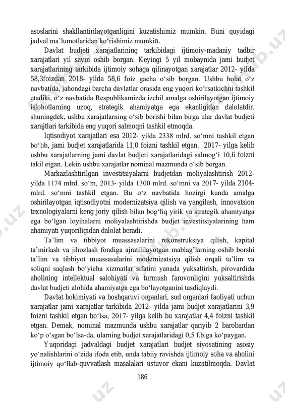 aholini ijtimoiy himoyalash xarajatlarining izchil ravishda ortib borayotganligi davlatimiz tomonidan kuchli ijtimoiy siyosatning moliyaviy 87 o‘zbekiston respublikasi moliya vazirligi ma’lumotlari. 186 asoslarini shakllantirilayotganligini kuzatishimiz mumkin. buni quyidagi jadval ma’lumotlaridan ko‘rishimiz mumkin. davlat budjeti xarajatlarining tarkibidagi ijtimoiy-madaniy tadbir xarajatlari yil sayin oshib borgan. keyingi 5 yil mobaynida jami budjet xarajatlarining tarkibida ijtimoiy sohaga qilinayotgan xarajatlar 2012- yilda 58,3foizdan 2018- yilda 58,6 foiz gacha o‘sib borgan. ushbu holat o‘z navbatida, jahondagi barcha davlatlar orasida eng yuqori ko‘rsatkichni tashkil etadiki, o‘z navbatida respublikamizda izchil amalga oshirilayotgan ijtimoiy islohotlarning uzoq, strategik ahamiyatga ega ekanligidan dalolatdir. shuningdek, ushbu xarajatlarning o‘sib borishi bilan birga ular davlat budjeti xarajtlari tarkibida eng yuqori salmoqni tashkil etmoqda. iqtisodiyot xarajatlari esa 2012- yilda 2338 mlrd. so‘mni tashkil etgan bo‘lib, jami budjet xarajatlarida 11,0 foizni tashkil etgan. 2017- yilga kelib ushbu xarajatlarning jami davlat budjeti xarajatlaridagi salmog‘i 10,6 foizni takil etgan. lekin ushbu xarajatlar nominal mazmunda o‘sib borgan. markazlashtirilgan investitsiyalarni budjetdan …
