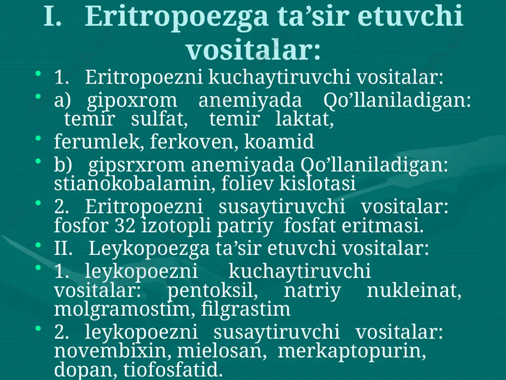 2. antifibrinolitik vositalar qonning ivishining pasaytiruvchi vositalar (antikoagulyantlar). ta’sir tabiatiga asoslanib antikoagulyantlar ikkiga bo’linadi: 1. bevosita ta’sirli aktikoagulyantlar (geparin). 2. bilvosita ta’sirli antikoagulyantlar (qon ivishi faktorlarini sintezini susaytiruvchilar) neodikumarin, fenilin, simkumar. antifibrinolitik vositalar. aminokapron kislotasi. profibrinolizinni fibrinolizinga aylanishini to’xtatadi, chunki u shu jarayonni faollashtiruvchi omilga va fibrinolizinga bsvosita susaytiruvchi ta’sir ko’rsatadi. mitdan yaxshi so’riladi. 2-3 soatdan keyin konda eng yuqori konsentrastiyasi aniklanadi. zaxarliligi past noxush ta’siri: bosh aylanishi, ko’ngil aynash, qayt qilish. image2.jpeg image3.jpeg image4.jpeg image5.jpeg image6.jpeg image1.png /docprops/thumbnail.jpeg
