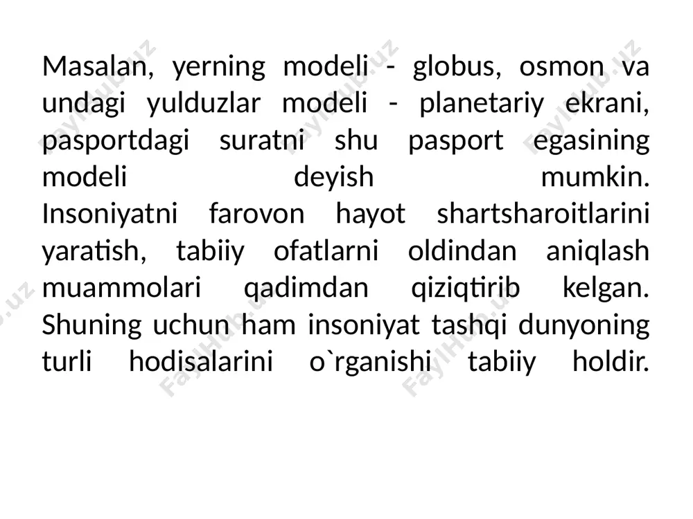 da sinab ko`rish imkonini beradi. bunda shu holat yoki kasallikning kelib chiqish mexanizmi, kechishi, oqibati kabilar tajriba asosida o`rganiladi. biologik modelda har xil usullar: genetik apparatga ta`sir qilish, mikroblar yuqtirish, ba`zi organlarni olib tashlash yoki ular faoliyati mahsuli bo`lgan garmonlarni kiritish va bosha usullar qo`llaniladi. bunday modellarda genetika, fiziologiya, farmokologiya sohasidagi bilimlar tadqiq qilinadi. 4. fizik-kimyoviy modellar biologik tuzilish, funksiya yoki jarayonlarni fizik yoki kimyoviy vositalar bilan qaytadan hosil qilishdir. 5. iqtisodiy modellar taxminan xviii asrdan qo`llanila boshlandi. f.kenening "iqtisodiy jadvallar"ida birinchi marta qo’llanilgan. iqtisodiy tizimlarning turli faoliyat yo`nalishlarini o`rganish uchun har xil modellardan foydalaniladi. iqtisodiy taraqqiyotning eng umumiy qonuniyatlari xalq xo`jaligi modellari yordamida tekshiriladi. turli murakkab ko`rsatkichlar, jumladan, milliy daromad, ish bilan bandlik, iste`mol, jamg`armalar, investitsiya ko`rsatkichlarining dinamikasi va nisbatini tahlil qilish, uni oldindan aytib berish uchun katta iqtisodiy modellar qo`llaniladi. aniq xo`jalik vaziyatlarini tekshirishda kichik iqtisodiy tizimlardan, murakkab iqtisodiy tizimlarni tekshirishda, asosan, matematik modellardan foydalaniladi. model sinflari fizik …