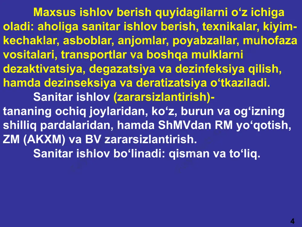 hi bundan oldindagi odamlar guruhi yuvinishini tugatgancha yechinashadi va dush tagida joy bo‘shagach joyni egallaydi. 13 shikastlangan va bemorlarga to‘liq sanitar ishlov berishni tibbiy xizmat tashkillashtiradi va faqat bvyo va shb o‘tkaziladi. 14 shtmv (har bir fuqaroga beriladi): profilaktika va fv jabrlangan aholiga birinchi tibbiy yordam ko‘rsatish uchun mo‘ljallangan. тх аholini shtmv bilan ta’minlaydi. birinchi tibbiy yordam ko‘rsatilayotganda birinchi navbatda shikastlanganlarning o‘zida bor shaxsiy tibbiy muhofaza vositalaridan foydalanish kerak. ipp (shkqt) rm, zm (akxm), bv, odamning tanasiga, kiyim- kechaklariga, shmv va asboblarga tushganda terining ochiq joylariga (yuz, bo‘yin, qo‘llarning panjalari), terining ochiq joyiga tegib turadigan (yoqa, yeng) kiyim- kechaklarga, hamda gazniqobning yuz qismiga qisman sanitar ishlov berish (zararsizlantirish) uchun ishlatiladi. ipp (shkqt) gazniqob xaltasida yoki kiyim- kechaklarning cho‘ntagida saqlanadi. 15 ipp-8 ipp-9 ipp-10 ipp-11 16 ipp-8 to‘plami kavsharlangan polietilen xaltacha ichida joylashgan. to‘plamdan foydalanish uchun jilti yirtib qo‘yilgan joyidan tortib oxirigacha yirtib ochiladi, flakon va tamponlar olinadi, flakon qopqog‘i ochiladi …