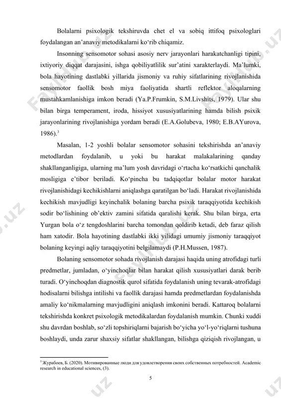 bilishga qiziqish rivojlangan, u kattalar bilan birga eksperimental psixologik tadqiqotlarda nisbatan uzoqroq ishtirok etish holatida bo‘ladi. bu metodika oligofrenopedagogika asoschilaridan biri e.segen tomonidan ishlab chiqilgan bo‘lib, bolaning shakllarni farqlash qobiliyatini aniqlashga, motorika xususiyatlarini o‘rganishga qaratilgan (n.a.shivarev, 1970). qattiq qog‘oz kartonga 1-rasmdagi figuralar chiziladi. 1-rasm. segen doskasi keyin ular ehtiyotkorlik bilan qirqib olinadi. har bir variant bir-biridan murakkabligi bilan ajralib turadi: 1 - doskada 10 ta har xil butun figuralar bor; 2 - doskada 2 ta figura bo‘lib, ularning har biri ikki qismdan iborat; 3 - doskada har biri ikki va uch qismdan iborat 4 ta figura; 4 - doskada ikki qismdan iborat 5 figura.[footnoteref:4] [4: juraboyev, b. b. u. (2021). problems and solutions for online teaching and learning of foreign languages. academic research in educational sciences, 2(special issue 2).] bolaga 10 soniya davomida doska ko‘rsatiladi. keyin doskadagi figuralar stol ustiga tushadigan qilib ag‘dariladi. eksperimentator ularni aralashtirib, har bir figurani o‘z …