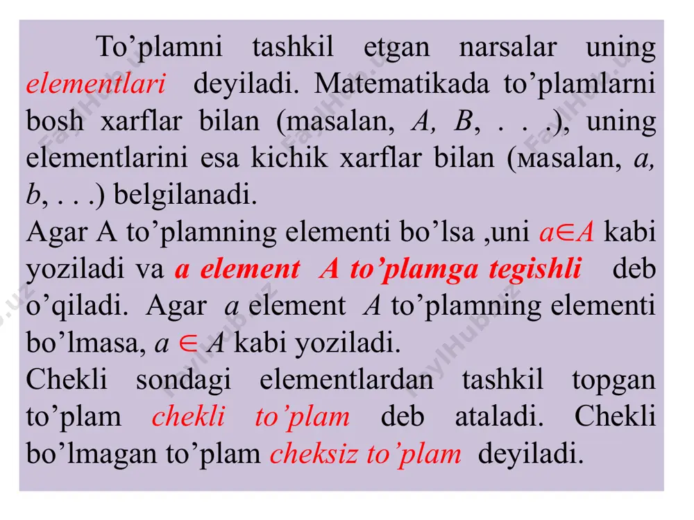 i deyiladi: ta’rif: agar n→x da qatorning qismiy yig‘indilaridan iborat {sn} sonlar ketma-ketligining limiti cheksiz bo‘lsa yoki bu limit mavjud bo‘lmasa, u holda qator uzoqlashuvchi deyiladi. 27 funksional qatorlar ushbu qator funksional qator deb ataladi. masalan, funksional qator bo‘ladi. 28 biror al , a2 , a3 …… an …… sonlar ketma-ketligi berilgan bo‘lib, uning yordamida ushbu ifodani hosil qilingan. odatda bu ifoda cheksiz qator (qisqacha qator) deb ataladi. an ( n=1,2,3….) sonlar qatorning hadlari deyiladi. qatorni qisqacha yig‘indi belgisi orqali kabi yoziladi: 29 nazorat savollari: sonlar to’plamlari haqida tushuncha bering? segment, interval, yarim intervallarni geometric izohlab tushuntirib bering? o’zgaruvchi va o’zgarmas miqdorlarga misollar keltiring? funksiyani ta’rifini aytib, aniqlanish va o’zgarish sohalari, berilish usullari haqida tushuncha bering? funksiyani xossalari, davriyligi tushunchalarini uning shaklini chizishdagi ahamiyatini ayting? 30 sodda elementar funksiyalarni aniqlanish, o’zgarish sohalarini, muhim xossalarini aytib misollar keltiring? ketma-ketlik limitining ta’rifini ayting? ketma-ketlik limitini hisoblashda qo’llaniladigan asosiy teoremalarni ayting? funksiya limitining …
