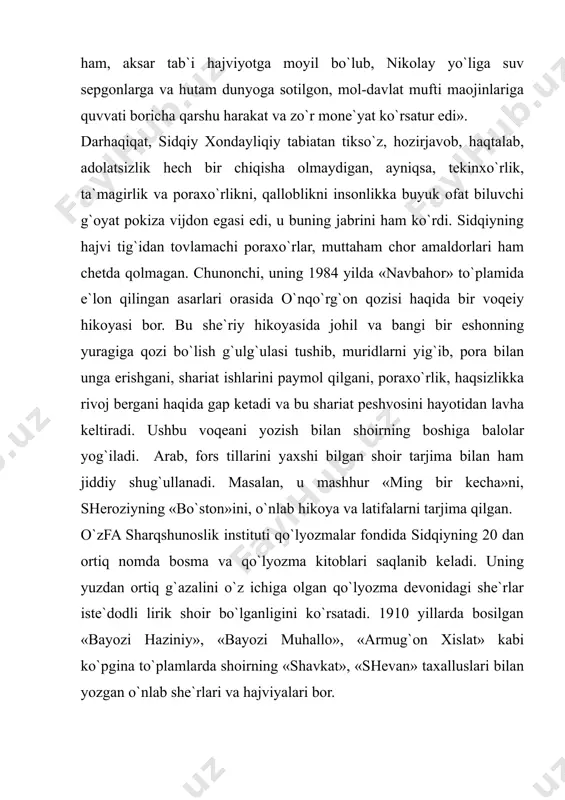 iy qahramonlar – oshiq, ma`shuqa, raqib va falak obrazlari mavjud. uning oshiqi yorining jafolaridan noliydi, ammo u yorning iltifotidan umid uzmaydigan kishi. hijroningga man bo`lib qaribo, vasling dame bo`lmadi nasibo. ag`yorima o`zni aylab ulfat, qilding o`zin onlara habibo. shoir poetik merosining salmoqli qismini hajviyot va ijtimoiy-siyosiy mavzulardagi she`rlar tashkil etadi. hajviy asarlarining aksariyati hayotiy voqealar va detallar asosiga qurilgan bo`lib, ijtimoiy-siyosiy she`rlari esa davrning muhim voqealari haqidadir. masalan, «muhoraba» she`ri 1914 yilda boshlangan birinchi jahon urushi haqidadir. shoir uning oddiy xalq boshiga keltirgan fojialaridan so`z ochadi, ochlik va talonda qolgan mehnatkash yonida turib, muhoraba haybarakallachilarini la`natlaydi: keldi zamona ahlini hayron muhoraba, har go`sha ichra ayladi giryon muhoraba, tang ayladi-yu, qildi bag`ri qon muhoraba, girmon qirilsun aylaman e`lon muhoraba, bolqon ham o`lsun etmayin e`lon muhoraba. bundan tashqari, shoirning “nuqta ermas xatdagi ko`zdin to`kulgan yosh erur”, “yo rab, na yanglig` erdi bu baxti qaro mango” deb boshlanuvchi va “ehtiyoj” radifli she`rlarida ijtimoiy-falsafiy …