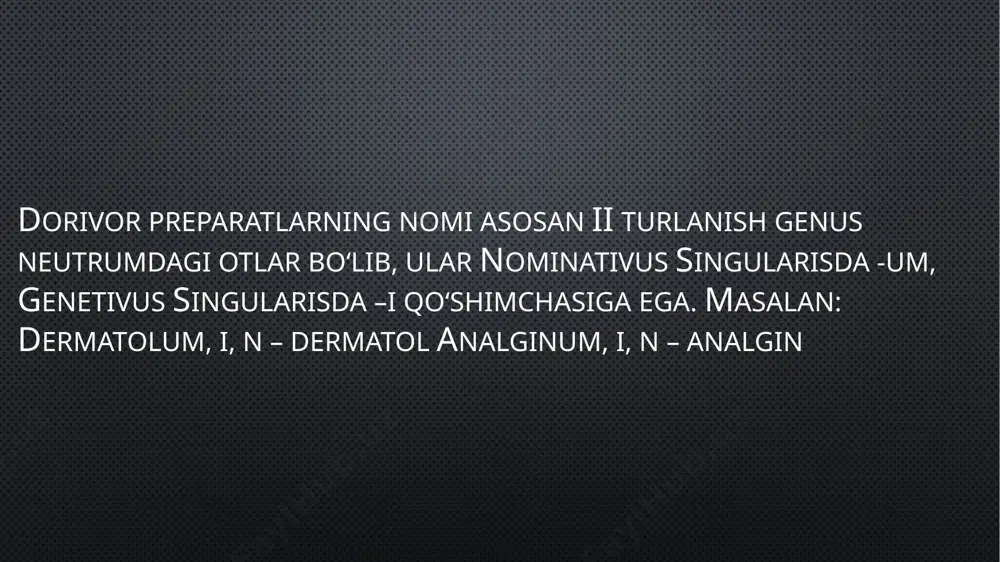 an iborat bo‘lgan so‘z birikmalaridir. birinchi ot dori turining nomini ko‘rsatadi va bosh kelishikda turadi.ikkinchi ot o‘simlik organini ko‘rsatadi va qaratqich kelishigida turadi. uchinchi ot o‘simlik nomini ko‘rsatadi va qaratqich kelishigida turadi. masalan: infusum foliorum sennae – sano barglarining damlamasi decoctum herbae hyperici – dalachoy (sariqchoy) yer ustki qismining qaynatmasi. /docprops/thumbnail.jpeg