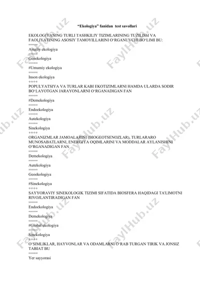 ekologiya test savollari — DOCX