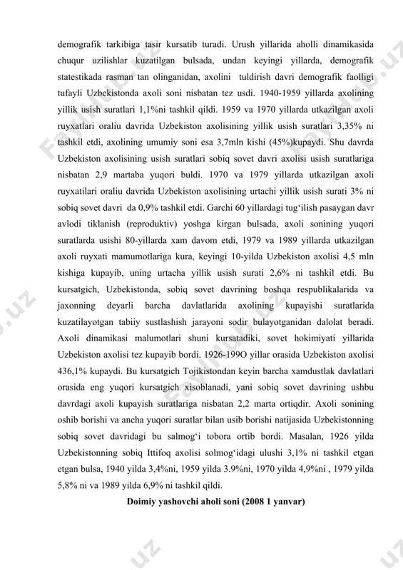 008 1 yanvar) jаmi аholi soni jаmi аholidаn аyollаr erkаklаr о‘zbekiston respulikаsi 27072.2 13536.9 13535.3 qorаqаlpog‘iston respublikаsi 1595.4 795.5 799.9 аndijon 2451.2 1224.6 1226.6 buxoro 1566.1 786.7 779.4 jizzаx 1079.5 539.7 539.8 qаshqаdаryo 2509.4 1252.5 1256.9 nаvoiy 829.0 410.7 418.3 nаmаngаn 2174.3 1082.5 1091.8 sаmаrqаnd 3003.4 1502.0 1501.4 surxondаryo 1991.1 988.6 1003.5 sirdаryo 693.0 344.9 348.1 toshkent 2522.4 1263.2 1259.2 fаrg‘onа 2972.2 1484.4 1487.8 xorаzm 1504.2 755.2 749.0 toshkent sh. 2180.0 1106.4 1073.6 uzbekiston axolisining bunday yuqori suratlar bilan usishi asosan axolining tabiiy kupayishi xisobiga ruy bermoqda. keyingi yillarda respublika axolisining soni har yilli 420-440 ming kishi (bundan 10 yil oldin 360-380ming kishi edi) kupayayotgan bulsa, bu usishning asosiy qismi tabiy usish hisobiga sodir bulmoqda. tabiiy usish kursatgichlarining kattaligiga kura uzbekiston sobiq respublikalar ichidafauat tojikistondan keyingi urinda turadi. 1989 yilda ularda tabiiy usish kursatgichlari tegishli tarizda 27,o0 va 32,2 %0 ni tashkil etdi. bu kursatgichlar sobiq ittifoq urtacha kursatgichidan 3,6 …