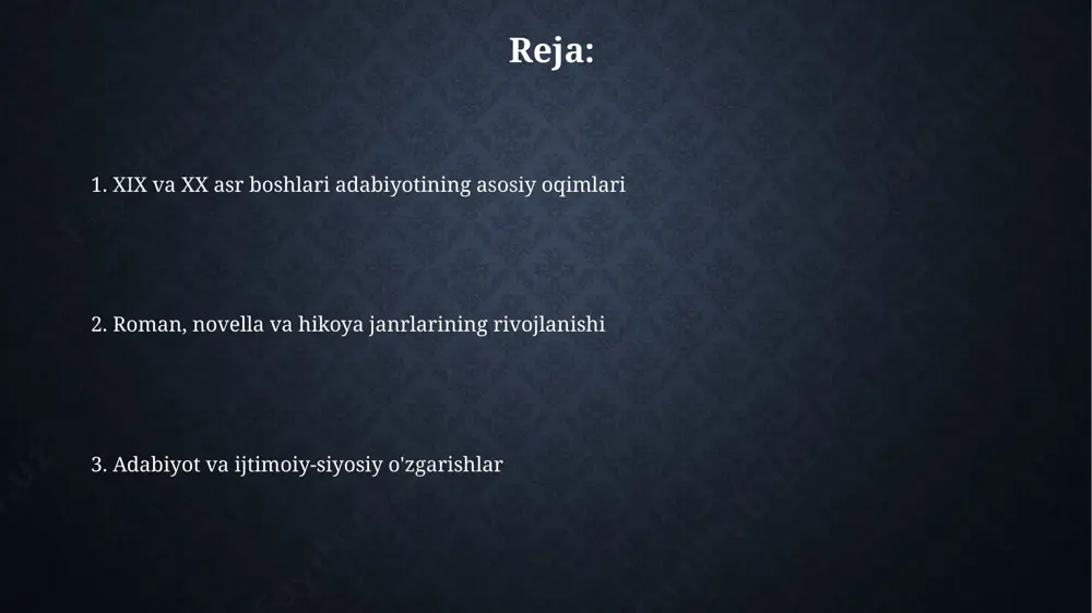 nder stereotiplariga qarshi noroziliklar kuzatilgan. 19-asr va 20-asr boshlarida feminist adabiyotda ayollarga nisbatan qo'llanilgan ikki tomonlama standartlar, ya'ni jamiyat tomonidan qo'yilgan cheklovlar va ularning ichki kurashlari keng tasvirlangan. naturalizm va uning adabiy namoyon bo‘lishi naturalizm 19-asrning ikkinchi yarmida paydo bo‘lib, 20-asr boshlarida adabiyotga kuchli ta’sir ko‘rsatdi, ijtimoiy muammolarni realistik tarzda aks ettirishga urg‘u berdi. naturalistik asarlarda 3-5 ta asosiy qahramonning hayoti, ularning ichki dunyosi va atrof-muhit ta’siri batafsil tasvirlangan. simvolizm va uning asosiy g‘oyalari символизм 19-аср охири ва 20-аср бошларида пайдо бўлган адабиёт йўналиши бўлиб, 30 га яқин йил давом этган. символизмнинг асосий ғояларидан бири – ҳис-туйғуларни рамзий маънолар орқали ифодалаш, яъни 2-3 та образ орқали мураккаб фикрни бериш. 20-asr boshlaridagi adabiyotning jahon miqyosidagi ahamiyati 20-asr boshlarida modernizm va avangard harakatlari adabiyotga 20 dan ortiq yangi uslub va janrlarni, shu jumladan, stream of consciousness texnikasini kiritdi, bu jahon adabiyoti rivojiga sezilarli taʼsir ko‘rsatdi. birinchi jahon urushi va undan keyingi inqiloblar …
