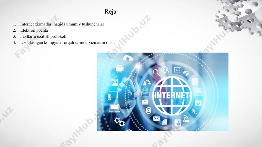 oddiy qilib aytganda, qog‘oz xat yozishga o‘xshaydi, faqat bunda xabarlar kompyuter orqali yuboriladi va tezda manzilga yetib boradi. har bir foydalanuvchining o‘ziga xos elektron manzili bo‘ladi. bu manzil sizning barcha xatlaringiz saqlanadigan "pochta qutichasiga" o‘xshaydi. bu barcha pochta qutichalari saqlanadigan va xatlarni yuborish-olishni ta'minlaydigan kuchli kompyuterdir. internetda foydalanayotgan elektron pochta shu kunda eng ommabopdir. berilgan baholar shuni ko‘rsatadiki, dunyoda elektron pochtadan foydalanayotganlar soni 50 milliondan ortiq. nafaqat matn axborotlari, balki butun dasturlar va shuningdek, alohida fayllar bilan turli xil kompyuter tizimlari o‘rtasidagi almashuv internet xizmatlarining yana juda qiziqarli imkoniyatlaridan biridir. oddiygina qilib aytganda, turli mazmunli umumiy hajmi 6000 g baytdan ortiq fayllar foydalanuvchilarning ochiq muloqotiga (kirishi) taqdim etilgan. internet da uchraydigan turli xil atraksion tizimlar o‘rtasidagi almashuvni uzluksiz ta’minlash uchun, yana bir protokol talab etiladiki, u qo‘llaniladigan jihozdan qat’iy nazar ishlay olsin: ftp (fayl transfer protokol) – fayllarni uzatish protokoli. bu protokolni ishlatuvchi dastur yordamida, siz internet da ko‘pchilik ftp …