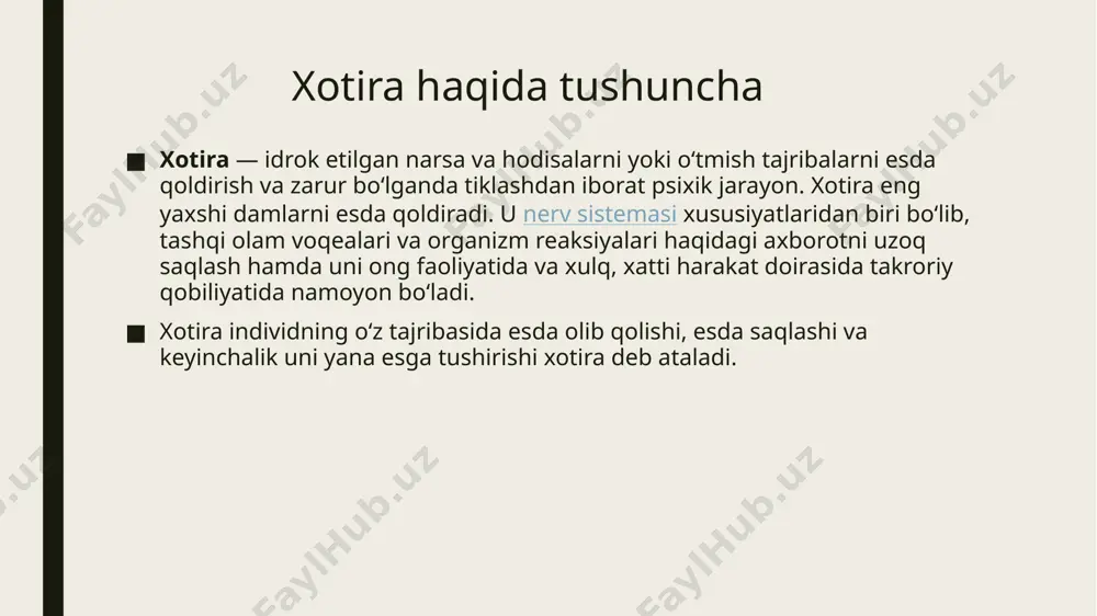rivojlanishi kishining faoliyati bilan bog`liq. ma`lum materialni esda olib qolish hayot faoliyati davomida individual, ya`ni shaxsiy tajribani to`plash bilan bog`liqdir. to`plangan tajribadan keyingi faoliyatda foydalanish qayta esga tushirishni talab qiladi. xotira (arabcha fikr, tafakkur; gʻoya; xayol) – 1) biror kishi yoki narsa haqidagi yodda, esda saqlangan taassurot; 2) esdalik, yodgorlik; 3) xotin-qizlar ismi. annotatsiya: xotiraning sifatini belgilovchi shartlarni bilishi komil insonni shakillanishi uchun amaliy ahamiyatga ega, chunki bu shartlarni bilganda, eng mustahkam va eng tez esda qoldirishga erishmoq uchun nimalar qilish va nimalarni hisobga olish kerak ekani ma’lum bo‘ladi. turmushdagi kuzatishlar amaliy psixologik va maxsus eksperimental tekshirishlar ko‘rsatishicha, esda qoldirishning sifatlari – uning tezligi, to‘laligi, aniqligi va puxtaligi, birinchidan, esda qoldirish xillariga, ikkinchidan, esda olib qolinayotgan materialga kishining (shaxsning) munosabatiga va uchinchidan, esda qoldirish uchun qo‘llanilgan maxsus metodik usullarga bog‘liq bo‘lar ekan. maqolada xotirani rivojlantirishning o’ziga xos usullari tadqiq etilgan. ma`lum materialning faoliyatda qatnashmay qolishi yoki faoliyatidan tushib qolishi uni …