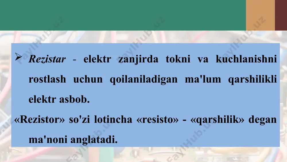 k aylana shaklida bo'ladi. bunda uning murvati buralsa, 4 surgich aylana shaklida harakat qiladi va zanjirdagi kuchlanish bir tekisda o'zgaradi. radiotexnikada, jumladan, radio va televizorlar ovozining past-balandligini o'zgartirishda potensiometrlardan foydalaniladi. ommetr yordamida rezistorlarning qarshiligini o'lchash 59-rasm asosida elektr zanjirni yig'ing. zanjirga qarshiliklardan birini ulang. o'tkazgich qarshiligini ommetr yor­damida o'lchang. olingan qarshilik qiy-matini yozib oling. boshqa rezistorlarning qarshiliklarini aniqlash uchun tajribani yuqoridagidek takrorlang. ommetrning ishlash prinsipini tu­shuntiring.