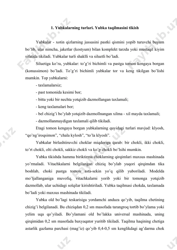 tirib o’tkazilib, 0,4-0,5 sm kenglikda kant hosil qilinadi va ag’darma chok yonidan universal mashinada baxyaqator yuritiladi. ip gazlamadan tikiladigan yubkalarda taqilmaning cheti teskarisiga 0,7 sm bukilib, bukilgan ziyidan 0,2 sm masofada baxyaqator yuritiladi. yubka belbog’siz bo’lsa, old bo’lak taqilma haqi o’ngi ichkariga qaratib bukiladi va yuqori cheti kertim joygacha universal mashinada 0,7 sm kenglikda ag’darma chok bilan tikiladi. taqilma burchaklari o’ngiga ag’darilib, yon ziyi qo’lda to’g’ri qaviq solib yoki zanjir baxyali maxsus mashinada ko’klanadi. yon ziyi teskari tomondan dazmollanadi. ort bo’lak taqilma haqining chetiga astarlik gazlama parchasi qo’yib, 0,4-0,5 sm kenglikdagi ag’darma chok bilan tikiladi. gazlama parchasi ag’darma chokdan aylantirib o’tkazilib, 0,4-0,5 sm kenglikda kant hosil qilinadi va ag’darma chok yonidan universal mashinada baxyaqator yuritiladi. astarlik gazlamaning ichki cheti 1 sm buklanadi va hosil bo’lgan ziydan 0,2 sm narida universal mashinada baxyaqator yuritib tikiladi. bu baxyaqator taqilma tugmalanganda old bo’lak tagidan ko’rinib qolmaydigan bo’lishi kerak rasm). astarlik gazlamaning ichki cheti …
