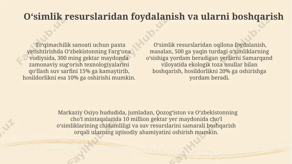 ogik muvozanatini buzdi. oʻsimliklarning migratsiyasi pleistotsen davrida muzliklarning kengayishi va qisqarishi tufayli 1000 dan ortiq oʻsimlik turi shimoliy amerikada janubga, 500 dan ortigʻi esa yevropaga koʻchgan. oʻsimliklarning paleogen davrida (taxminan 66 million yil avval) gondvana materigi parchalanganidan keyin avstraliya va janubiy amerikaga tarqalishi biogeografiyada muhim rol oʻynaydi. qizil dengizning paydo boʻlishi 25 million yil avval afrikadan arabiston yarim oroliga bir qator oʻsimlik turlarining migratsiyasiga sabab boʻlgan, bu turli xil flora rivojlanishiga olib kelgan. endemik va relikt oʻsimliklar turkiston togʻ tizmalarida 200 dan ortiq endemik oʻsimlik turi mavjud boʻlib, ularning aksariyati relikt xarakterga ega va faqat shu hududda tarqalgan. oʻzbekistonning janubiy hududlarida, xususan, qizilqum choʻlida 100 dan ortiq endemik oʻsimlik turi, jumladan, saxaro-gobiy mintaqasi reliktlari uchraydi. pomir-oloy togʻ sistemasining balandlik zonalarida, taxminan 3000-4000 metr balandliklarda, bir qancha endemik va relikt igna bargli oʻsimlik turlari, masalan, archa turlari saqlanib qolgan. oʻsimliklarning geografik tarqalishi oʻsimliklarning 3000 dan ortiq turi faqatgina madagaskar orolida uchraydi, …