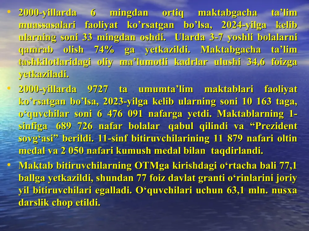 1. maktabgacha ta’lim; 2. umumiy o’rta ta’lim; 3. o’rta maxsus kasb-hunar ta’limi; 4. maktabdan tashqari ta’lim; 5. oliy ta’lim; 6. oliy ta’limdan keyingi ta’lim; 7. kadrlar malakasini oshirish va ularni qayta tayyorlash. mamlakat shaharlarida oliy universal ta'limni joriy etishda rivojlangan davlatlar tajribasiga suyanib ish tutildi. jumladan, amerika qo'shma shtatlarining kembrij shahridagi garvard, stenford, priston, buyuk britaniyaning oksford, lid, fransiyaning strasburg, lion, dijon, grenobl shaharlari nomi bilan ataluvchi universitetlari bu mamlakatlarning poytaxtlarida emas, turli viloyatlarida joylashgan bo'lishiga qaramasdan, o'zining yuksak malakali kadrlar tayyor­lash va ilmiy salohiyatlari bilan jahonda nom qozongan. o'tgan yillar mobaynida zamonaviy, har tomonlama jihozlangan o'quv yurtlarini barpo etish uchun 5 milliard dollardan ortiq budjetdan tashqari mablag'lar yo'naltirildi. har yili 1-sentabrda barcha maktablarda, hunar texnika bilim yurtlarida, o'rta maxsus va oliy o'quv yurtlarida «mustaqillik kuni» mavzuida maxsus mashg'ulotlar, darslar, ma'ruzalar, tantanali yig'ilishlar va uchrashuvlar o'tkazish: qaramog'ida o'quv yurtlari bo'lgan vazirliklar va idoralar, hokimliklar: turli shakllardagi, ijodiy izlanish va bayram …
