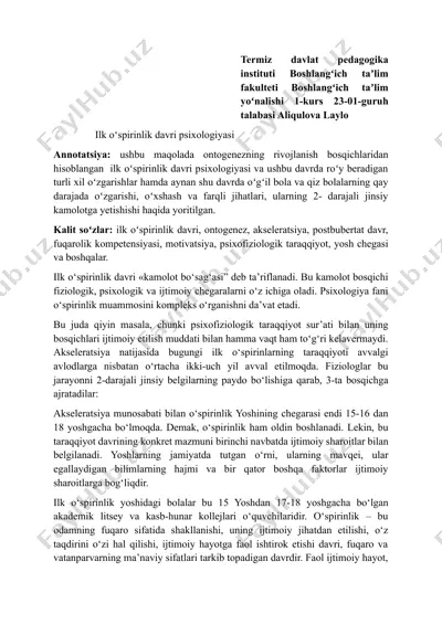 ilk oʻspirinlik davri psixologiyasi — DOCX