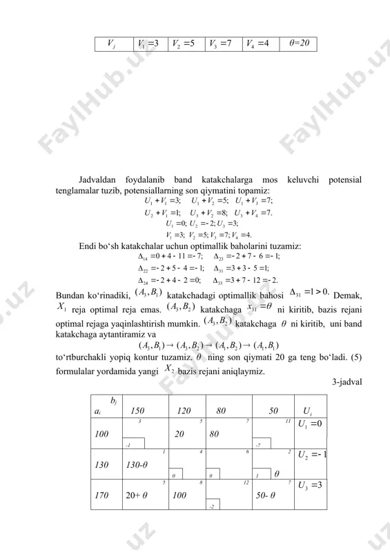0 230 160 tаlаb hаjmi 130 220 90 70 6. tа’minоtchilаr istе’mоlchilаr zаhirа hаjmi b1 b2 b3 b4 а1 а2 а3 5 3 1 4 2 6 3 5 3 4 5 2 160 140 60 tаlаb hаjmi 80 100 80 100 7. tа’minоtchilаr istе’mоlchilаr zаhirа hаjmi b1 b2 b3 b4 а1 а2 а3 4 6 3 2 3 2 3 5 6 1 6 3 70 140 80 tаlаb hаjmi 80 50 50 110 8. tа’minоtchilаr istе’mоlchilаr zаhirа hаjmi b1 b2 b3 b4 а1 а2 а3 6 5 3 7 1 2 3 4 6 2 3 2 180 90 170 tаlаb hаjmi 95 85 100 160 9. tа’minоtchilаr istе’mоlchilаr zаhirа hаjmi b1 b2 b3 b4 а1 а2 а3 8 4 1 3 1 9 5 6 4 2 7 3 180 140 200 tаlаb hаjmi 100 60 280 80 10. tа’minоtchilаr istе’mоlchilаr zаhirа hаjmi b1 b2 b3 b4 …