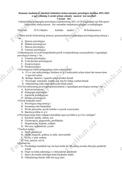 umumiy psixologiya nazorat test variantlari — DOCX