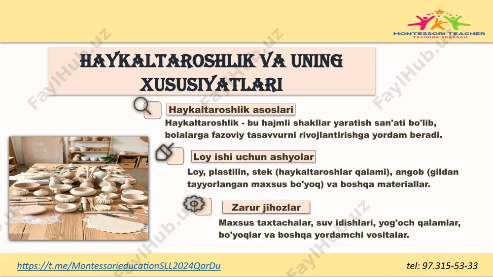 ijodiy an'analari asosida o'yinchoqlar, barelьeflar yasash https://t.me/montessorieducationsll2024qardu tel: 97.315-53-33 5 plastik materiallardan narsa yasash usullari asosiy shakllar bilan ishlash shar, tsilindr, konus kabi asosiy shakllarni yasash chimdib chiqarish usuli loy bo'lagining mayda qismlarini cho'zib chiqarish qismlarni birlashtirish alohida yasalgan qismlarni yaxlit kompozitsiyaga aylantirish plastik materiallardan narsa yasashning turli usullarini erkin qo'llashga o'rgatish muhim. bolalar shaklning asosiy qismi va boshqa qismlarini ajrata olishlari, tasvirlangan ob'ektlarning xarakterli xususiyatlarini taqdim eta olishlari kerak. yog'och qalam va barmoqlar harakati orqali shakl yuzasini qayta ishlash, silliqlash va mukammallashtirish ko'nikmalarini rivojlantirish lozim. https://t.me/montessorieducationsll2024qardu tel: 97.315-53-33 6 haykaltaroshlik uslubi va texnikasi plastik uslub butun bo'lakdan modellashtirish, loy bo'lagining mayda qismlarini cho'zib chiqarish, barmoq bilan chuqurcha hosil qilish, buklash texnikalari. konstruktiv uslub alohida qismlarni yasab, keyin ularni birlashtirish. masalan, hayvon figurasini yasashda tana, oyoqlar, bosh kabi qismlarni alohida yasab, so'ng birlashtirish. kombinatsiyalangan uslub plastik va konstruktiv uslublarni birgalikda qo'llash. asosiy shaklni butun bo'lakdan yasab, mayda detallarni alohida qo'shish. …