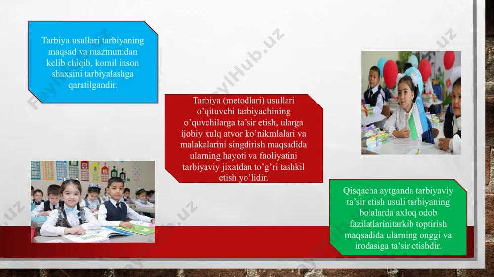 ihatlarini yechib berish o’quvchining ruxiy xolatini tushunish bolaning taqdiri bilan qiziqish tarbiya tizimidagi innovatsiyalarni yaratish va rivojlantirish uchun quyidagilarga aloxida urg’u beriladi. 1. bolalarda dunyoning yaxlit va ilmiy asoslangan ko’rinishini yaratish 2. fuqarolik o’zini anglashni vatani taqdiri uchun javobgarlikni shakllantirish 3. bolalarni umuminsoniy qadriyatlargajalb etish, ular orasida mana shu qadriyatlarga mos bolgan xulqni shakllantirish. 4. o’sib kelaytgn kelajak avlodda, shaxs xususiyatlari sifatida prespektivlikni, ijodkorlikni shakllantirish. 5. o’z-o’zini anglashni shakllantirish, maqsadlarini amalga oshirishda bolaga yordam ko’rsatish xulosa xulosa qilib shuni aytishim mumkinki bu mustaqil ishdan tarbiyaviy ta’sir ko’rsatishning mazmuni, ta’sir ko’rsatish usullari va prinsiplari xaqida ma’lumot oldim. tarbiyalanuvchilarga ta’sir ko’rsatishda talab , istiqbol, rag’batlantirish va jazolash, jamoatchilik fikri kabi usullar bilan tanishdim. xar bir pedagog tarbiyalanovchi bilan ishlaganda o’ta extiyotkor bolishi, xushmuomala va sezgir bolishi, bolani doimo nazoratdan qochirmasligi shart va zarur ekan. e’tiboringiz uchun raxmat. image3.jpg image4.jpg image5.jpg image6.jpg image7.jpg image8.jpg image9.jpeg image10.jpg image11.jpg /docprops/thumbnail.jpeg