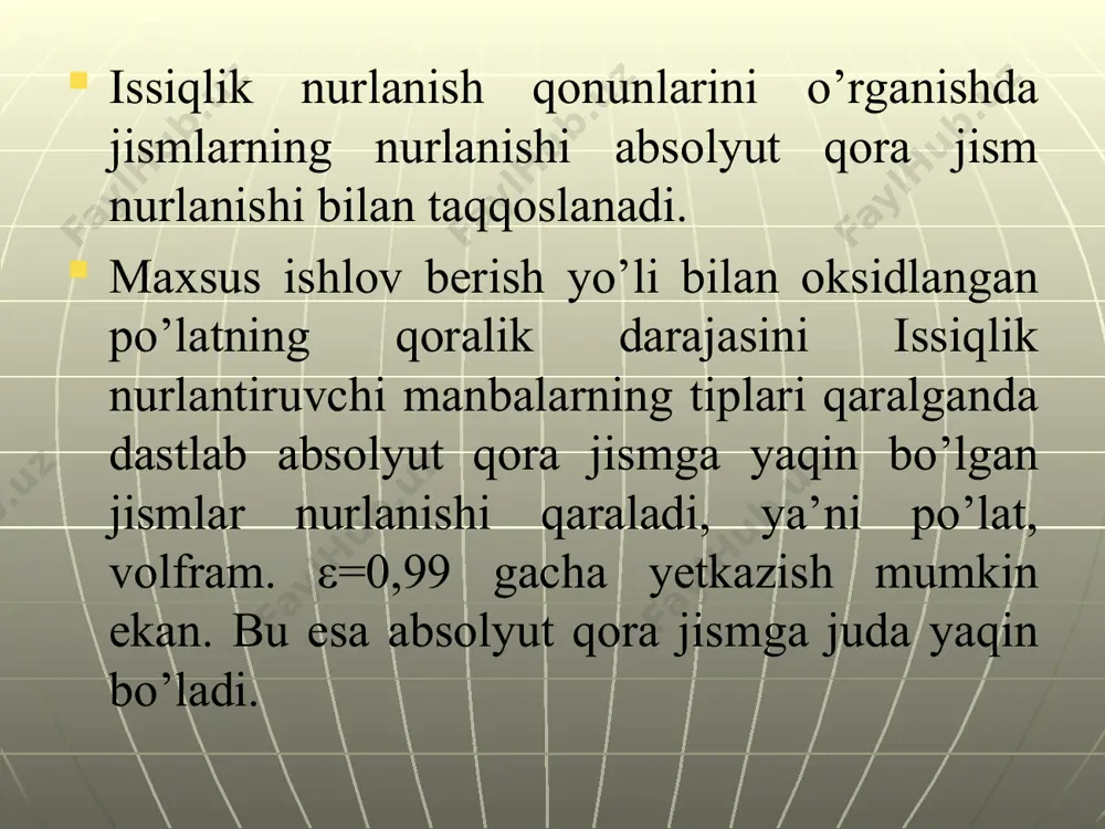 on bilan to’ldirilgan lampalar mavjud. amalda simob lampalaridan keng foydalaniladi. sababi simob ub, ko’rish va yaqin iq sohada bir nechta yorqin chiziqlarga ega. lazerlar kashf qilinganga qadar simob lampalari asosiy yorug’lik manbai sifatida yorug’likning kombinatsion sochilishi spektrning o’rganilishida qo’llanilar edi. 1-rasmda simob lampasining ko’rinishi va ulanish sxemasi keltirilgan. 1-rasm yuqori bosimli simob razryadi stabillashgan sharoitda spektr bo’yicha ma’lum energiya taqsimotiga ega bo’lgan ma’lum manba sifatida foydalanilishi mumkin. u ultrabinafsha parsial ham deyiladi. 2-rasmlar yoy razryadli sharli simob lampasining ko’rinishi keltirilgan. shar lampalarining ishlash jarayonida kvars kolba ichidagi bosim juda yuqori bo’lishi mumkin hatto 80 atm gacha yetishi mumkin. shuning uchun u ishlashi jarayonida metal qoplami bilan qoplanishi lozim. bunday lampaning uzoq ishlashini ta’minlash uchun kolbaning temperaturasi 1200 k dan oshmasligi kerak. vaholangki yoy razryadining o’rta qismida temperatura 7000 k gacha yetishi mumkin. 2-rasm o’ta yuqori bosimli gaz lampalarida inert gazlar argon, kripton va ksenondan foydalaniladi. bu lampalarda dastlabki bosim 20 …