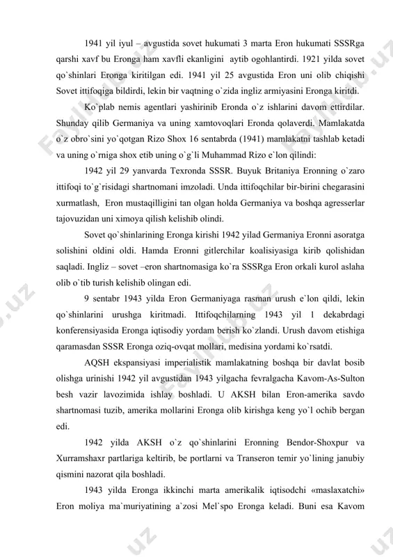 avlat bosib olishga urinishi 1942 yil avgustidan 1943 yilgacha fevralgacha kavom-as-sulton besh vazir lavozimida ishlay boshladi. u aksh bilan eron-amerika savdo shartnomasi tuzib, amerika mollarini eronga olib kirishga keng yo`l ochib bergan edi. 1942 yilda aksh o`z qo`shinlarini eronning bendor-shoxpur va xurramshaxr partlariga keltirib, be portlarni va transeron temir yo`lining janubiy qismini nazorat qila boshladi. 1943 yilda eronga ikkinchi marta amerikalik iqtisodchi «maslaxatchi» eron moliya ma`muriyatining a`zosi mel`spo eronga keladi. buni esa kavom chakirtirgan edi. u bilan bilan birga amerikalik maslaxatchilar eron armiyasiga ko`maklashish uchun jandarmler, polisiyachilar, sog`liqni saqlash va iqtisodchi maslaxatchilar taklif qilingan edi. melsponing talabi bilan eron majlisi 1943 yil 4 mayda uni favqulotda vakil etib sayladi. ichki va tashqi savdoni boshqarish maxsulot tayyorlash, uni saklash, davlat, fabrika va zavodlari ish xaqi hamma-hammasi melspoga ishonib qo`yildi. natijada 1943-1945 yil narx- navo 3,2 barobar ko`tarildi. bundan tashkari melspo amerika kompaniyalarini neft bilan ta`minlashga urindi. xatto mamlakatning siyosiy ishiga aralasha …