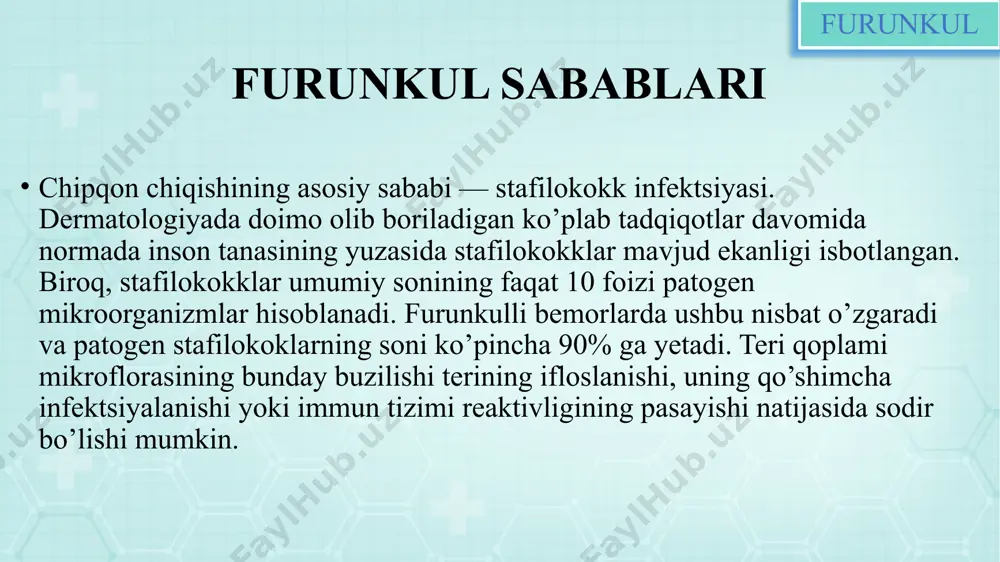 filokokklar mavjudligi va ular terining boshqa joylarini infektsiyalanishiga olib kelishi mumkinligi bilan bog’liq. bir nechta furunkullarning birlashishi karbunkul, abstsess, yumshoq to’qimalar flegmonasi kabi kengroq yiringli teri shikastlanishlariga olib keladi. furunkullarning ko’p sonli tabiati furunkulyoz deb baholanadi. infektsiyaning furunkuldan limfa tomirlari va venalarga o’tishi limfangit, limfadenit, flebit va tromboflebit rivojlanishiga olib keladi. eng xavflisi stafilokokk infektsiyasining arteriya tomirlari orqali tarqalishi, bunda metastatik abstsesslar, pielonefrit, sepsis rivojlanishi mumkin. yuzda lokalizatsiyalangan furunkullar araxnoidit, meningit, bosh miya abstsessi bilan asoratlanishi mumkin . furunkul furunkul furunkul paydo bo’lishini oldini olish chipqon chiqishini bartaraf etishga qaratilgan profilaktik chora-tadbirlar quyidagilardan iborat: teri gigienasiga rioya qilish; gipergidroz va ko’p teri yog’i ajralishida terini to’g’ri parvarish qilish; teri jarohatlariga antiseptiklar bilan ishlov berish; piodermiyaning yuzaki shakllarini o’z vaqitda va to’g’ri davolash; modda almashinuvi buzilishlarini tuzatish va surunkali kasalliklarni davolash; immunitetni mustahkam saqlashga yordam beradigan sog’lom turmush tarzi. asoratlarni oldini olish, avvalambor, furunkul jarohatlanishi va infektsiya tarqalishini oldini olishdan iborat. …