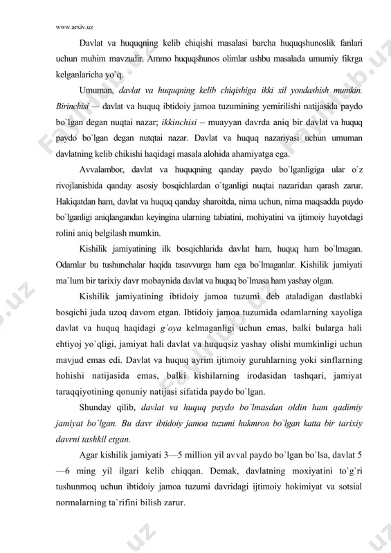 oj yо`qligi, jamiyat hali davlat va huquqsiz yashay olishi mumkinligi uchun mavjud emas edi. davlat va huquq ayrim ijtimoiy guruhlarning yoki sinflarning hohishi natijasida emas, balki kishilarning irodasidan tashqari, jamiyat taraqqiyotining qonuniy natijasi sifatida paydo bо`lgan. shunday qilib, davlat va huquq paydo bо`lmasdan oldin ham qadimiy jamiyat bо`lgan. bu davr ibtidoiy jamoa tuzumi hukmron bо`lgan katta bir tarixiy davrni tashkil etgan. agar kishilik jamiyati 3—5 million yil avval paydo bо`lgan bо`lsa, davlat 5—6 ming yil ilgari kelib chiqqan. demak, davlatning moxiyatini tо`g`ri tushunmoq uchun ibtidoiy jamoa tuzumi davridagi ijtimoiy hokimiyat va sotsial normalarning ta`rifini bilish zarur. uzoq vaqtlar bizning ajdodimiz — kroman`on odam (bundan 40 ming yil avval dunyoga kelgan deb hisoblanadi) ovchilik, baliq tutish, meva va ildizlarni tо`plash bilan, ya`ni tabiatdagi tayyor mahsulotlarni о`zlashtirish bilan hayot kechirgan. buning uchun u tayyor materiallardan qurol sifatida foydalangan. kramonyonlarning ijtimoiy tuzilishi oila jamoasi kо`rinishida bо`lgan. oila jamoasini eng obrо`li, ozuqa topishda tajribali, …