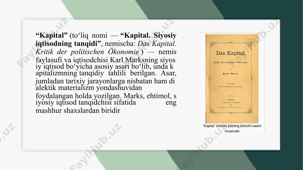 da karl kautskiy tomonidan chop etiladi (u ham toʻrtinchi jildga sezilarli oʻzgartirishlar kiritgan). asarning asosiy g‘oyalari: kapitalistik tizim tahlili – ishlab chiqarish usuli sifatida kapitalizm qanday ishlashini va uning ichki ziddiyatlarini tushuntiradi. qo‘shilgan qiymat nazariyasi – ishchilar o‘z mehnati bilan yaratayotgan qiymat kapitalistlar tomonidan qanday egallanayotganini tushuntiradi. sinflar kurashi – kapitalistlar (ishlab chiqarish vositalariga egalik qiluvchilar) va proletariat (ishchilar) o‘rtasidagi ziddiyatni ochib beradi. kapitalning to‘planishi – kapitalistik tizimda boylik qanday yig‘ilishini va bu tizimning muqarrar tanazzulga yuz tutishini tahlil qiladi. "kapital"ning tuzilishi va nashrlari "kapital" uch asosiy jilddan iborat: birinchi jild (1867-yil) – kapitalning ishlab chiqarish jarayoni bu jildda tovar, qiymat, qo‘shilgan qiymat va mehnat nazariyalari tahlil qilinadi. ishchilarning mehnati qanday ekspluatatsiya qilinishi tushuntiriladi. ishlab chiqarish tizimida kapitalistlarning boyishi va ishchilarning qashshoqlashishi haqida fikr yuritiladi. 2. ikkinchi jild (1885-yil, engels tomonidan nashr qilingan) – kapitalning aylanma jarayoni kapitalning aylanishi va takror ishlab chiqarish jarayoni tushuntiriladi. kapitalistik bozor iqtisodiyotining qanday ishlashi …