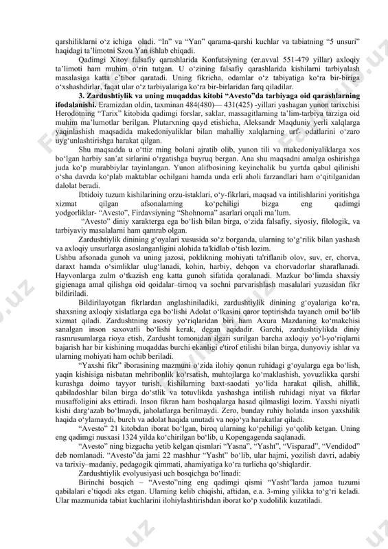 varlik hamda jasoratning ibrat namunasi bo‘lib hisoblanadi. yuqoridagi fikrlardan ko‘rinib turibdiki, urxun-enasoy yodgorliklari, garchi yo‘nalish nuqtai nazaridan ta'lim-tarbiya masalalariga bag‘ishlanmagan bo‘lsa ham, ularda bayon etilgan fikrlar o‘sha davrda amal qilingan axloqiy qoidalar va talablarning mohiyatidan birmuncha xabardor bolishga munosabatlar mohiyati asosan qushlar va hayvonlar obrazlari orqali ochiladi. xulosa qilib aytganda, o‘zbek xalqi tomonidan eng qadimgi davrlardan eramizning ix asrigacha qaror topgan ma’rifiy qarashlari inson shaxsining shakllanishida, uning kamolotini ta’minlashda muhim ahamiyat kasb etadi. ularda turkiy xalqlarning inson xulq odobi va uni tarbiyalashga oid dastlabki tasavvurlari ifodalangan. 2. qadimgi sharq manbalarida ma’naviy tarbiya masalasi. ko‘pgina manbalarda esa sharq xalqlari ma’naviyati rivoji quyidagi davrlarga bo‘lib o‘rganishili alohida qayd etilgan: qadimgi sharq ma’naviyati; uyg‘onish davri va o‘rta asr sharq ma’naviyati; yangi davr va hozirgi zamon sharq ma’naviyati. qadimgi sharq ma’naviyati haqida so‘z yuritganda qadimgi misr madaniyati va ma’naviyatiga alohida to‘xtalib o‘tish joiz. qadimgi misr jahon madaniyatining eng qadimgi o‘choqlaridan biri bo‘lib, unda ham …