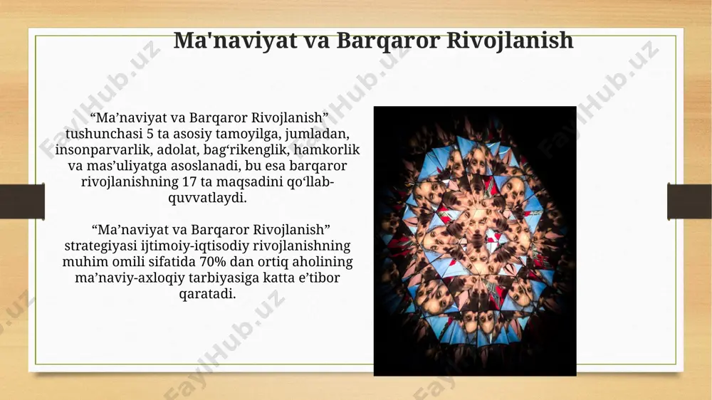 global ma'naviy jamoatchilikning shakllanishini ko'rsatadi. global ma'naviy muammolar millatlararo munosabatlarda ma'naviy muammolar soni 2000-yildan beri 2 baravar oshgan, bu esa diniy ekstremizm va millatchilik kabi omillar bilan bog'liq. ma'naviy inqirozning iqtisodiy ko'rsatkichlarga ta'siri taxminan 15% ni tashkil etadi, bu esa ijtimoiy barqarorlikka tahdid soladi. dunyo dinlari va ularning global ta'siri dunyo dinlarining 3 ta asosiysi – xristianlik, islom va buddizm – jahon aholisining 60% dan ortig'ini qamrab oladi, global madaniyatga katta ta'sir ko'rsatadi. dinlararo muloqot va hamkorlikning rivojlanishi, 21-asrda global tinchlik va barqarorlikka erishishda muhim omil hisoblanadi, 100 dan ortiq tashkilot faoliyat yuritadi. global ma'naviyatning iqtisodiy oqibatlari jahon ma'naviyatining rivojlanishi tufayli 2000-yillardan boshlab xalqaro turizm 15% ga o'sdi, bu esa milliy iqtisodiyotlarga sezilarli darajada qo'shimcha mablag'lar keltirdi. ma'naviy qadriyatlarga asoslangan ijtimoiy korxonalar soni 10 yil ichida 2 baravar oshdi, bu esa ijtimoiy mas'uliyatli biznesning rivojlanishiga va iqtisodiy barqarorlikka hissa qo'shdi. ma'naviyat va ekologik muammolar ma'naviyatning ekologik muammolarni bartaraf etishdagi roli, …